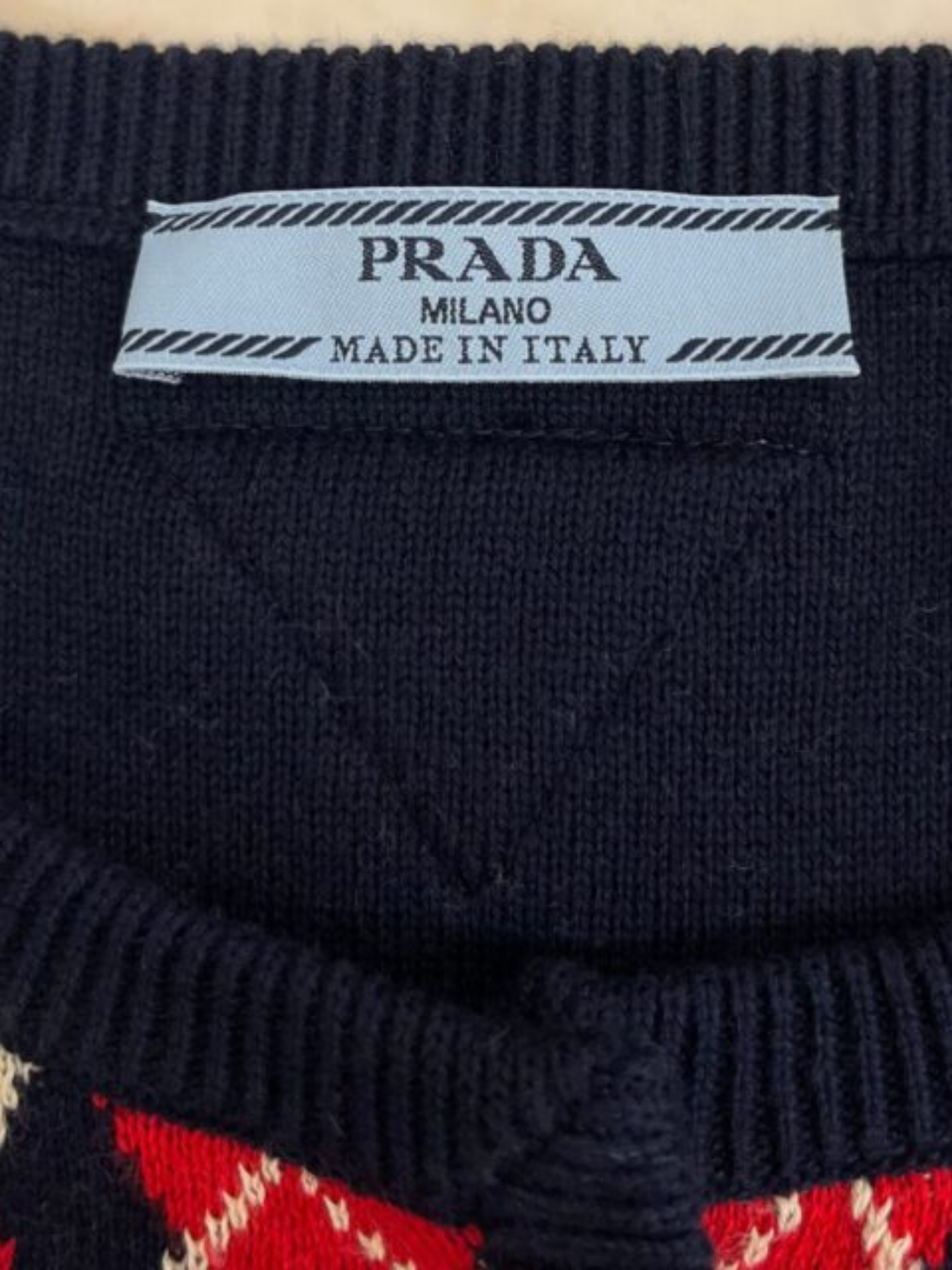 Prada 2020s Cream Navy Red Cotton Argyle Intarsia Cardigan