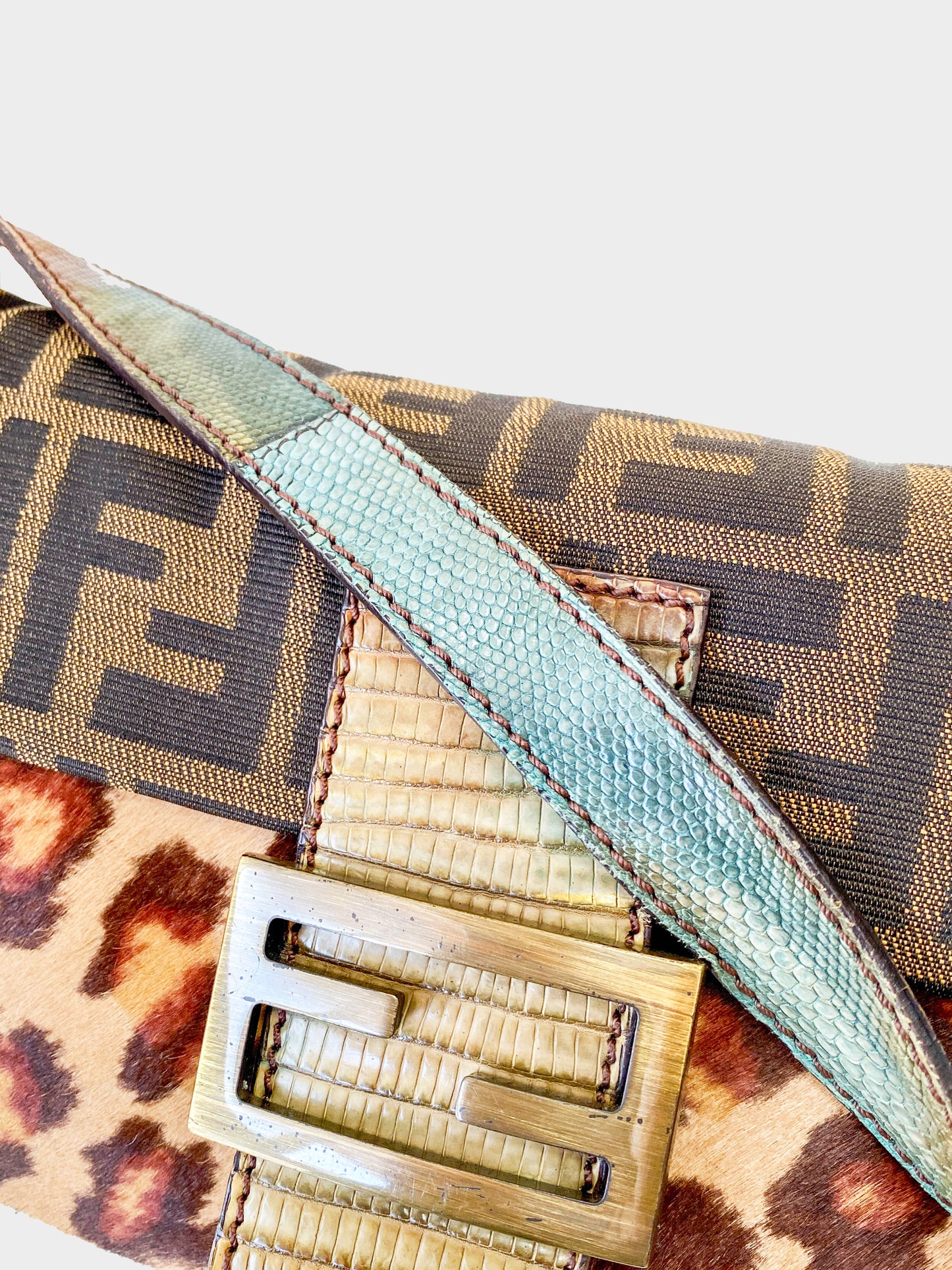 Fendi 2000s Zucca Canvas Ponyhair Baguette with Multicolored Leather