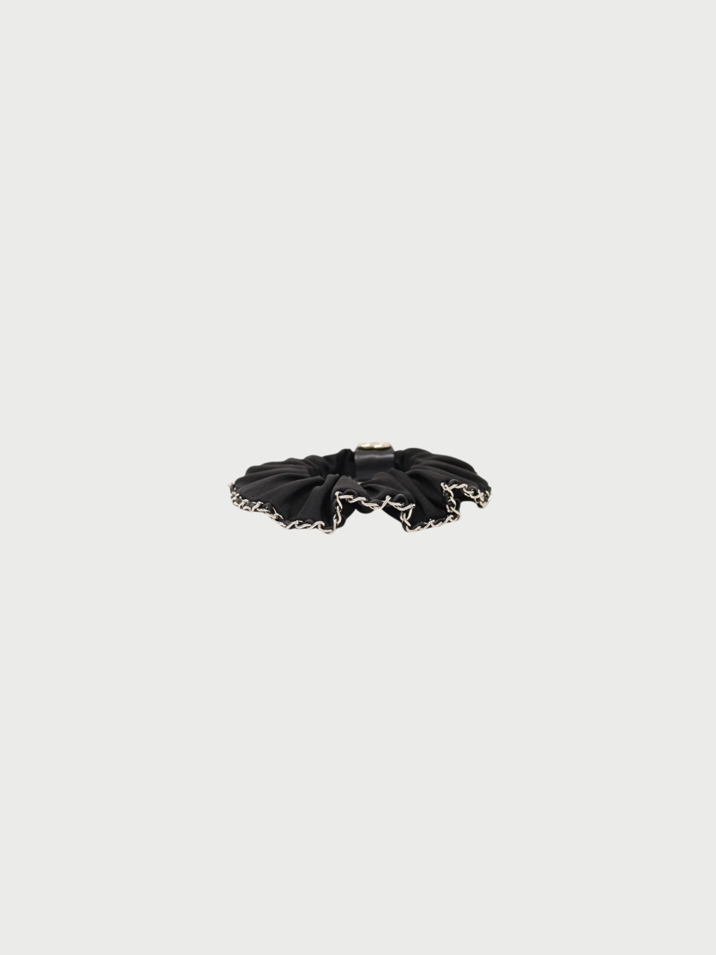 Chanel 2000s Black Silver Cotton Leather Coco Chain Scrunchie