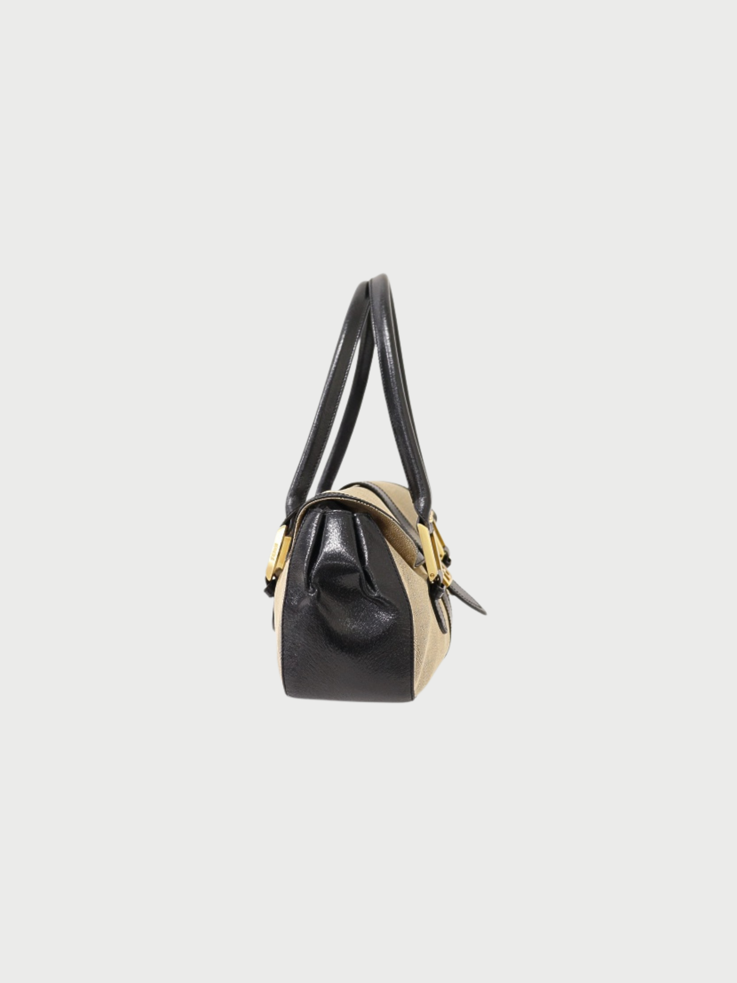 Fendi 2000s Beige Black Logo Canvas Leather Handbag