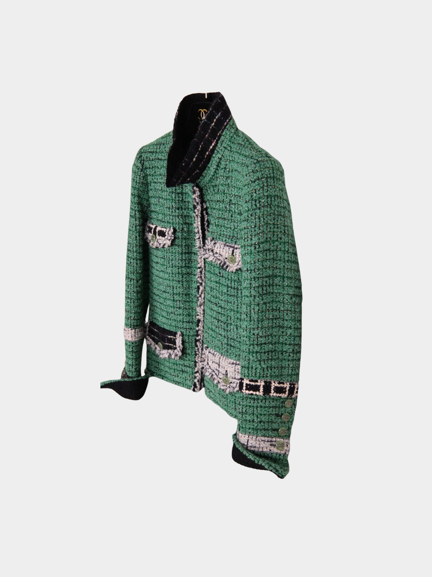 Chanel 2000s Green Bouclé Tweed Color-Block Four-Pocket Jacket