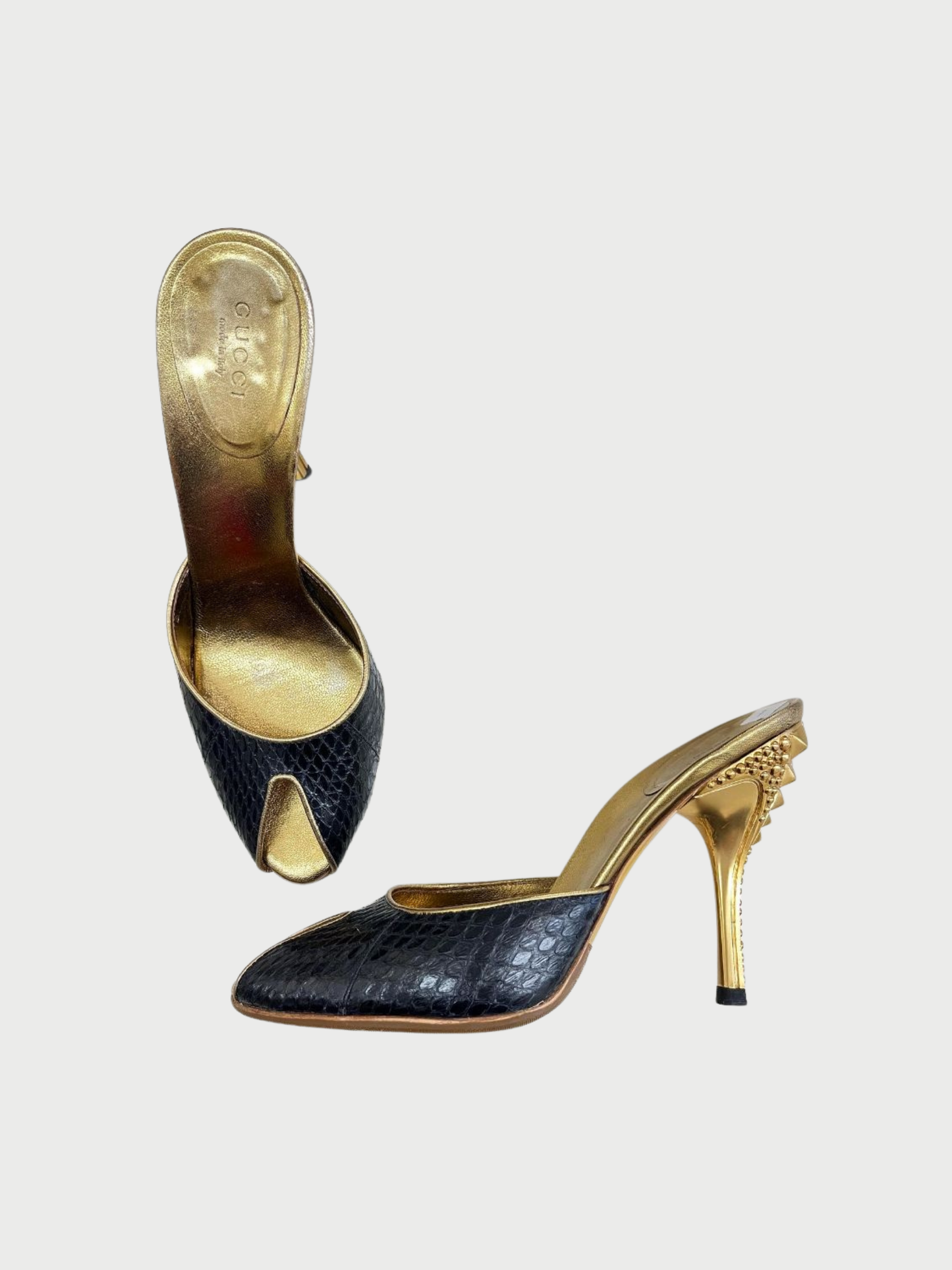 Gucci SS 2004 Black Gold Python Leather Mules