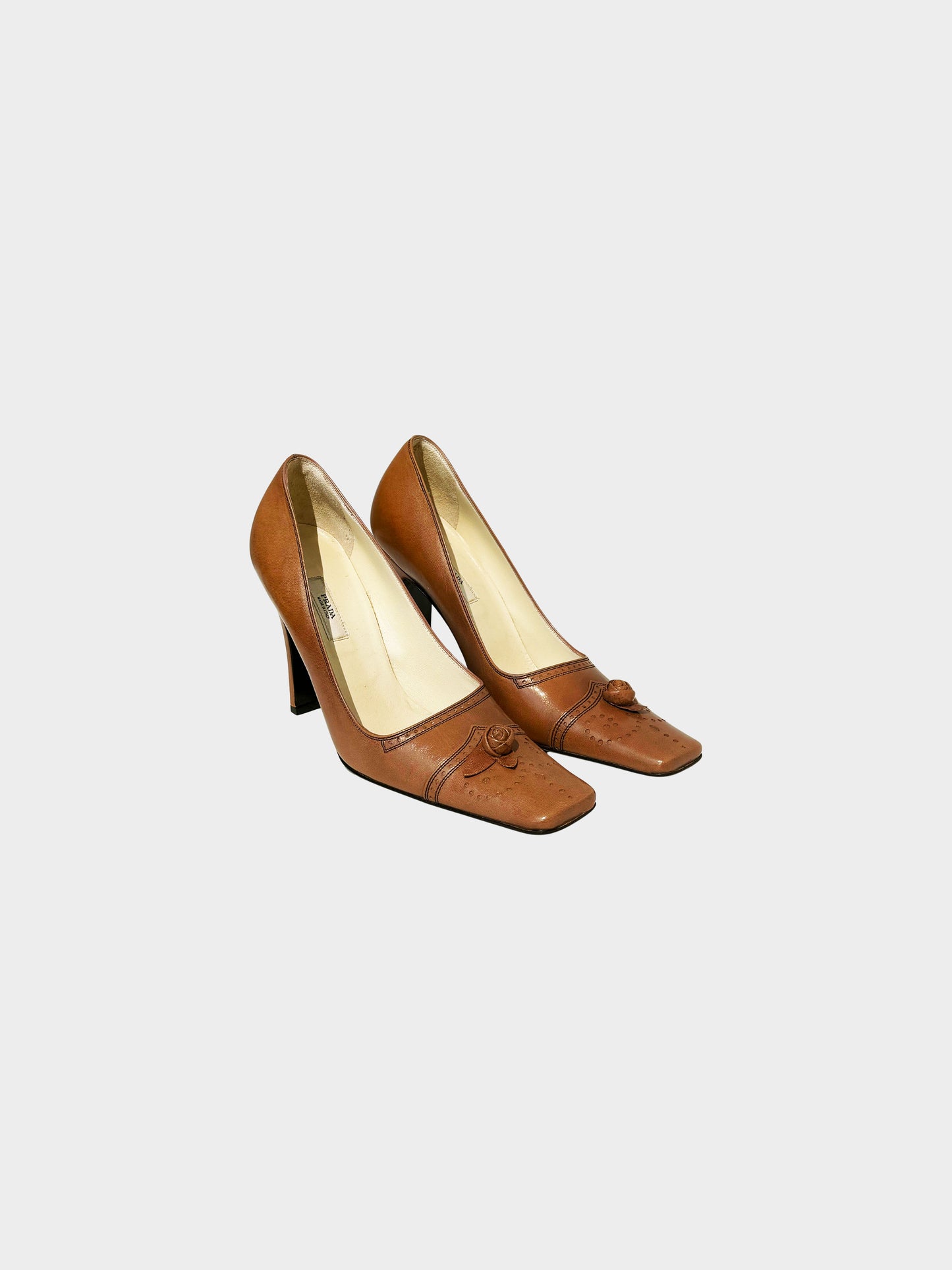 Prada 1990s Brown Leather Rose-detail Square-toe Heels