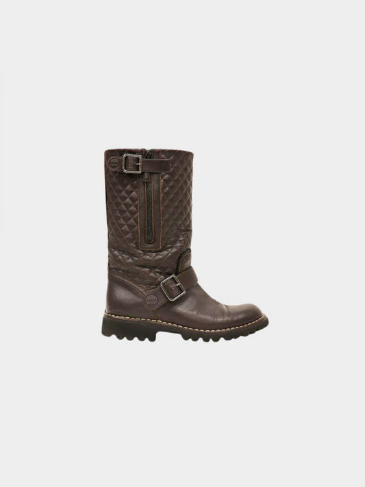 Chanel 2000s Brown Quilted Buckle Biker Boots