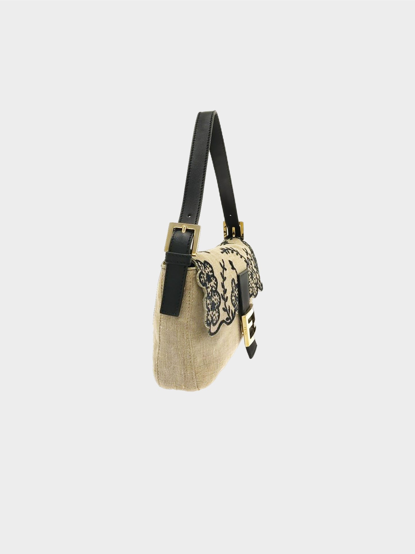 Fendi 2000s Beige Floral Embroidered Linen Baguette