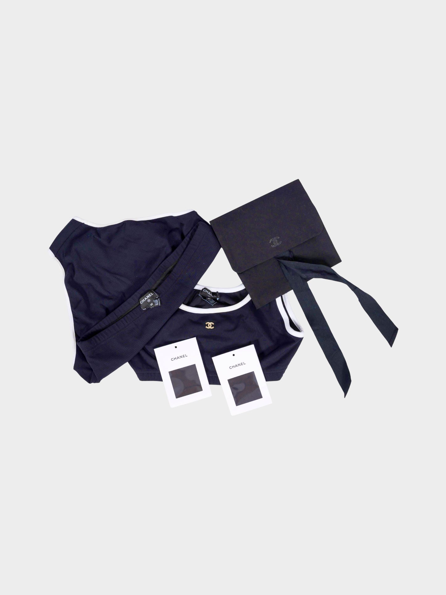 Chanel SS 2022 Navy and White CC Rhinestone Two Piece Swimsuit