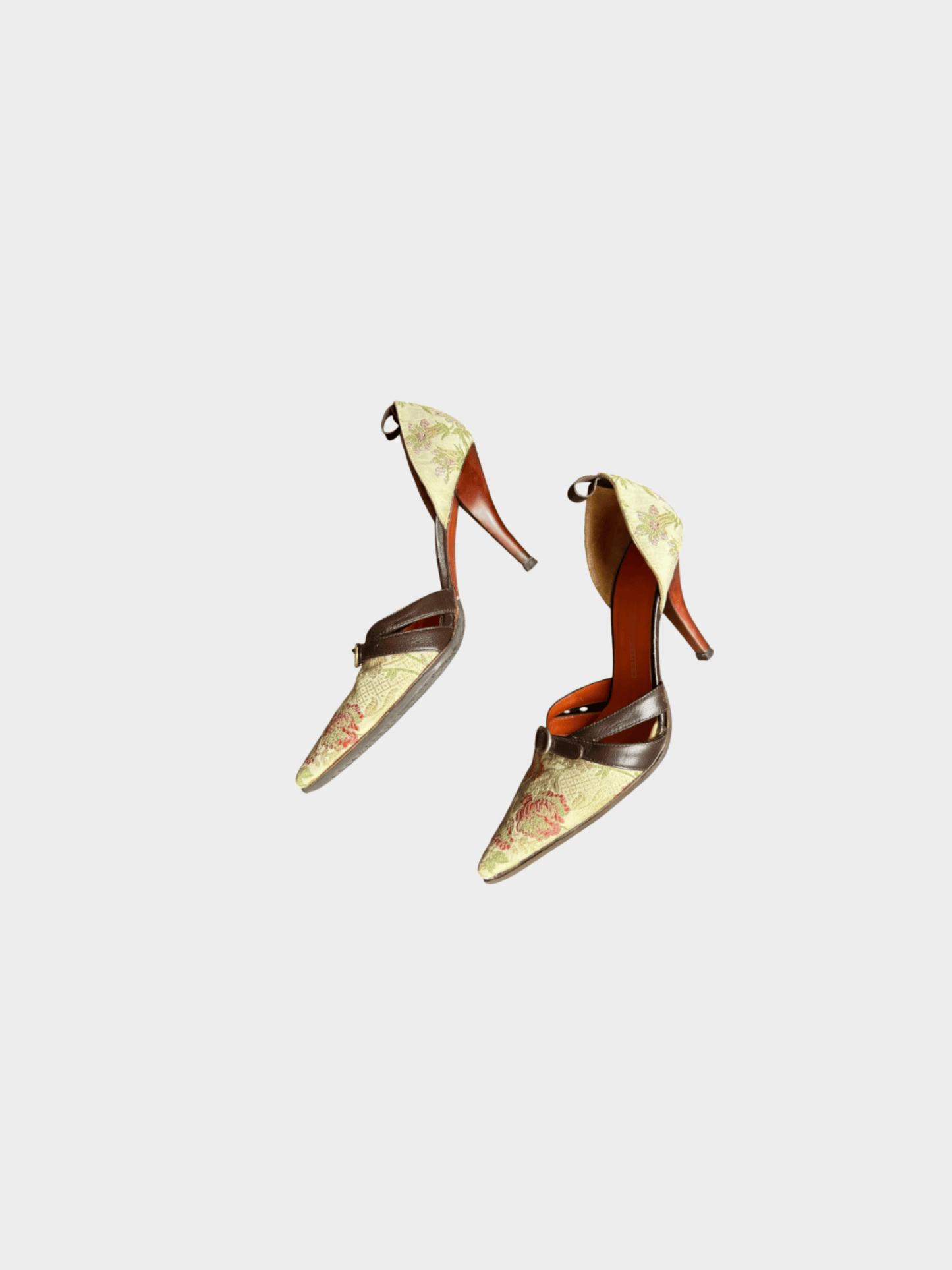 Giuseppe Zanotti 2000s Floral Canvas Brown Leather Buckle Heels