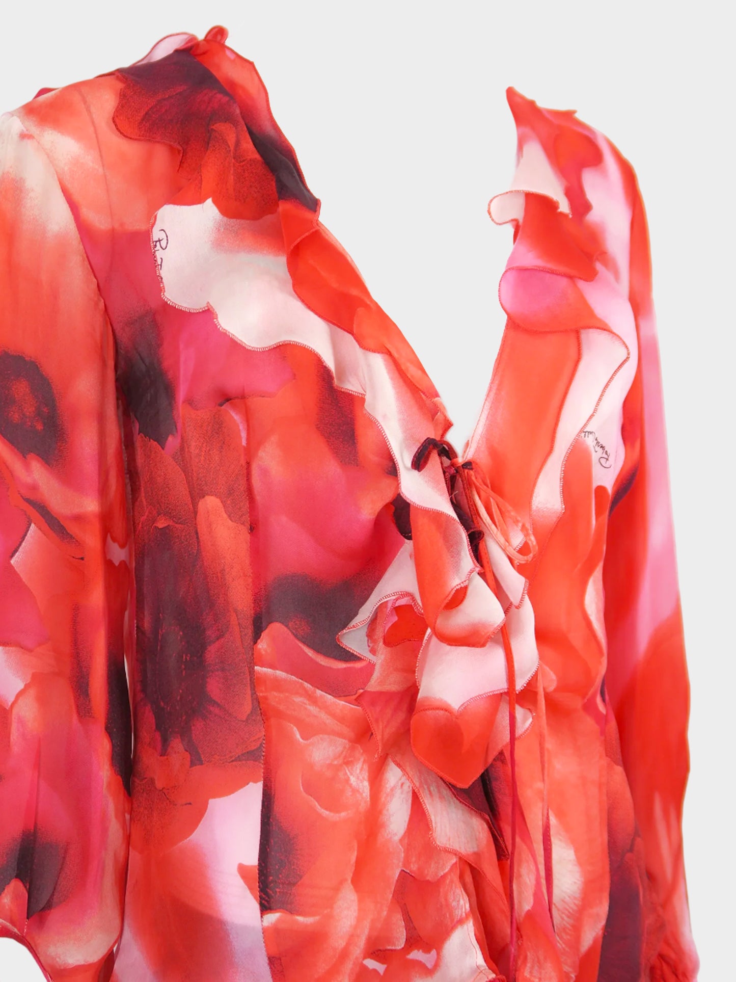 Roberto Cavalli SS 2003 Red Rose Printed Silk Top and Skirt Set