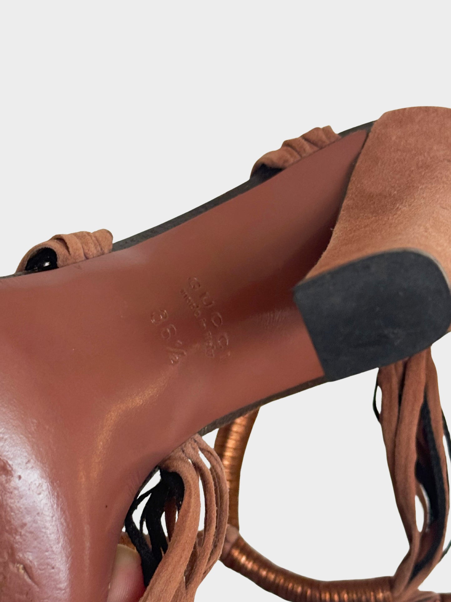 Gucci 2010s Pink and Metallic Bronze Suede Anita Strappy Heels