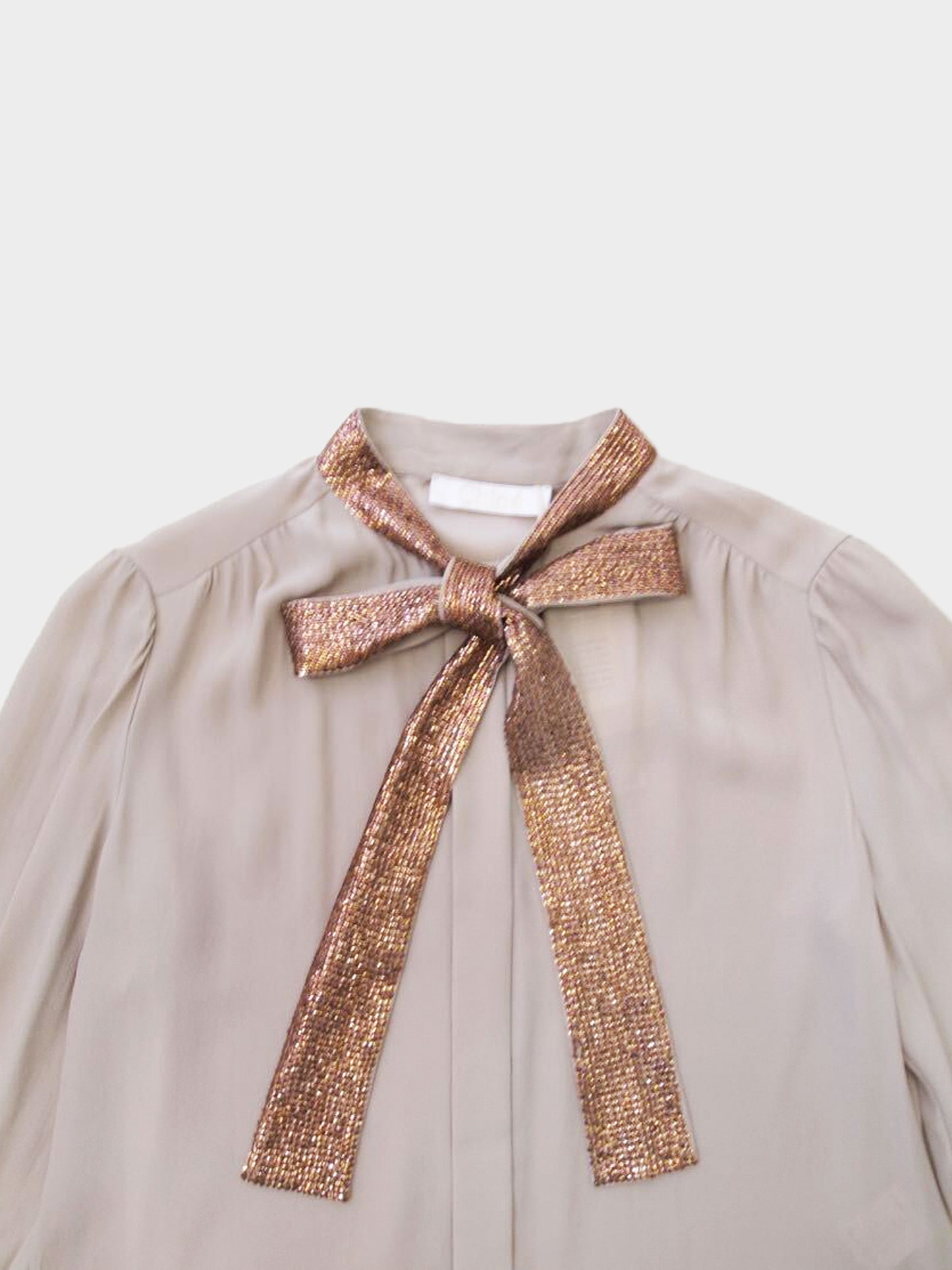 Chloé 2000s Beige Silk Shirt with Brown Sequined Collar
