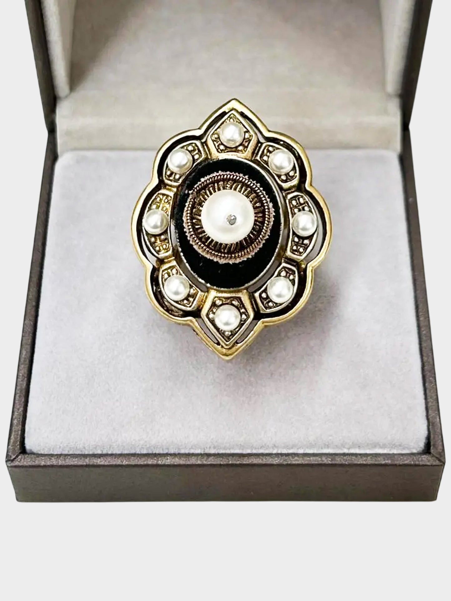 Gucci 2010s Aged Gold Faux Pearl and Velvet Pin Cushion Motif Ring