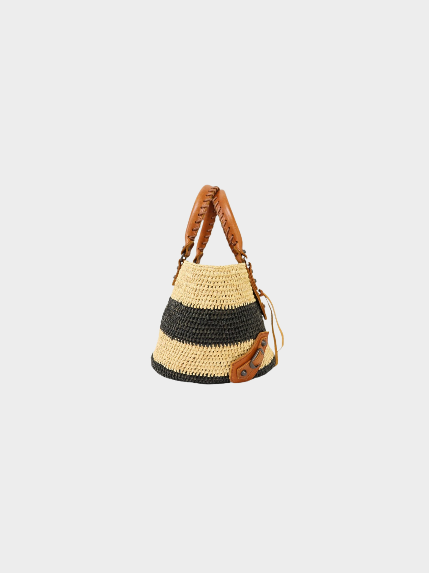 Balenciaga 2020s Black Beige Raffia Leather Tote Bag