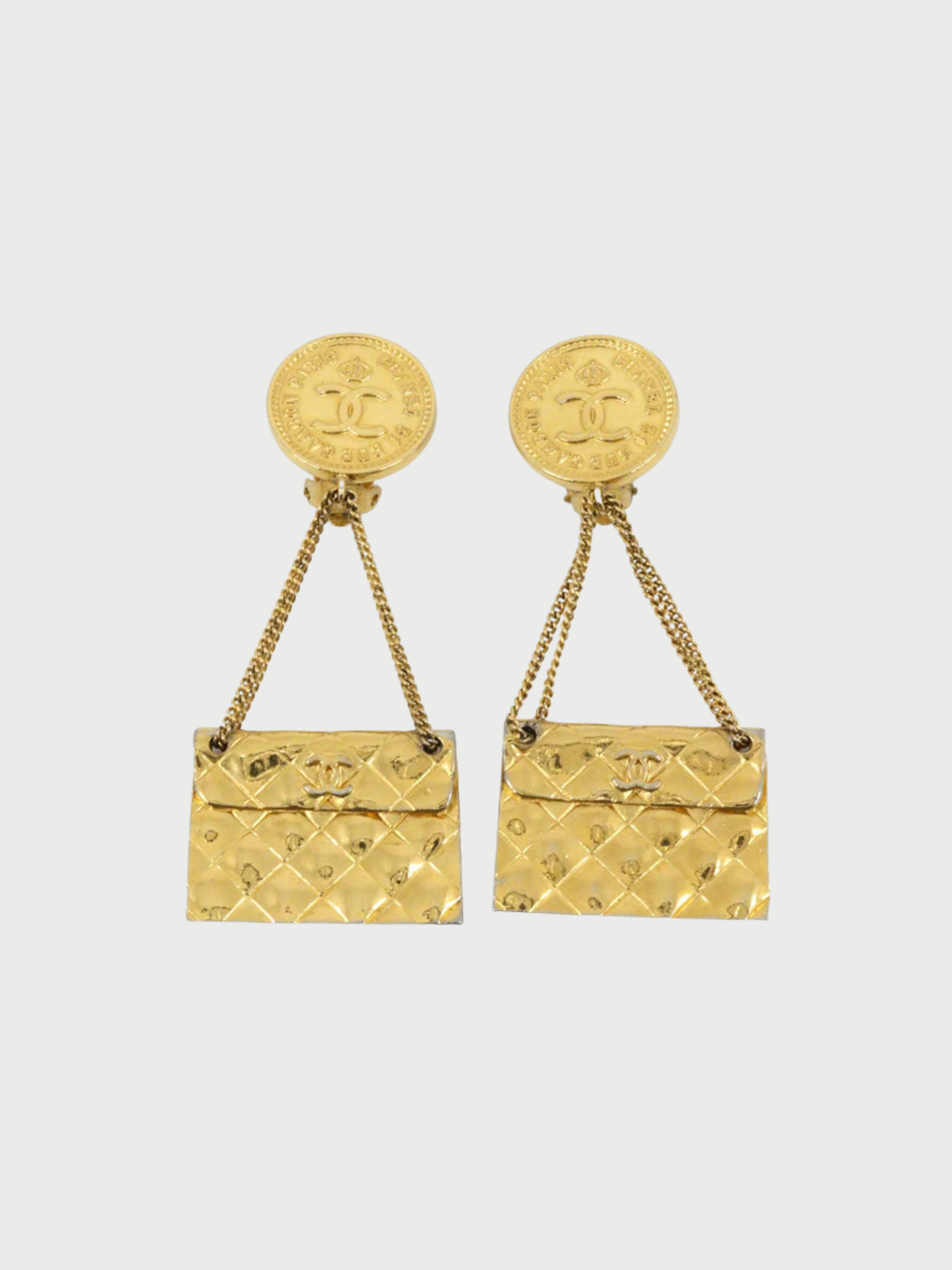 Chanel 1988 Gold Plated Matelassé COCO Bag Motif Earrings
