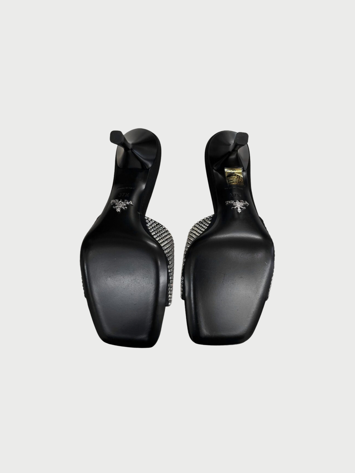 Prada 2020s Black Satin Crystal Triangle Logo Mules
