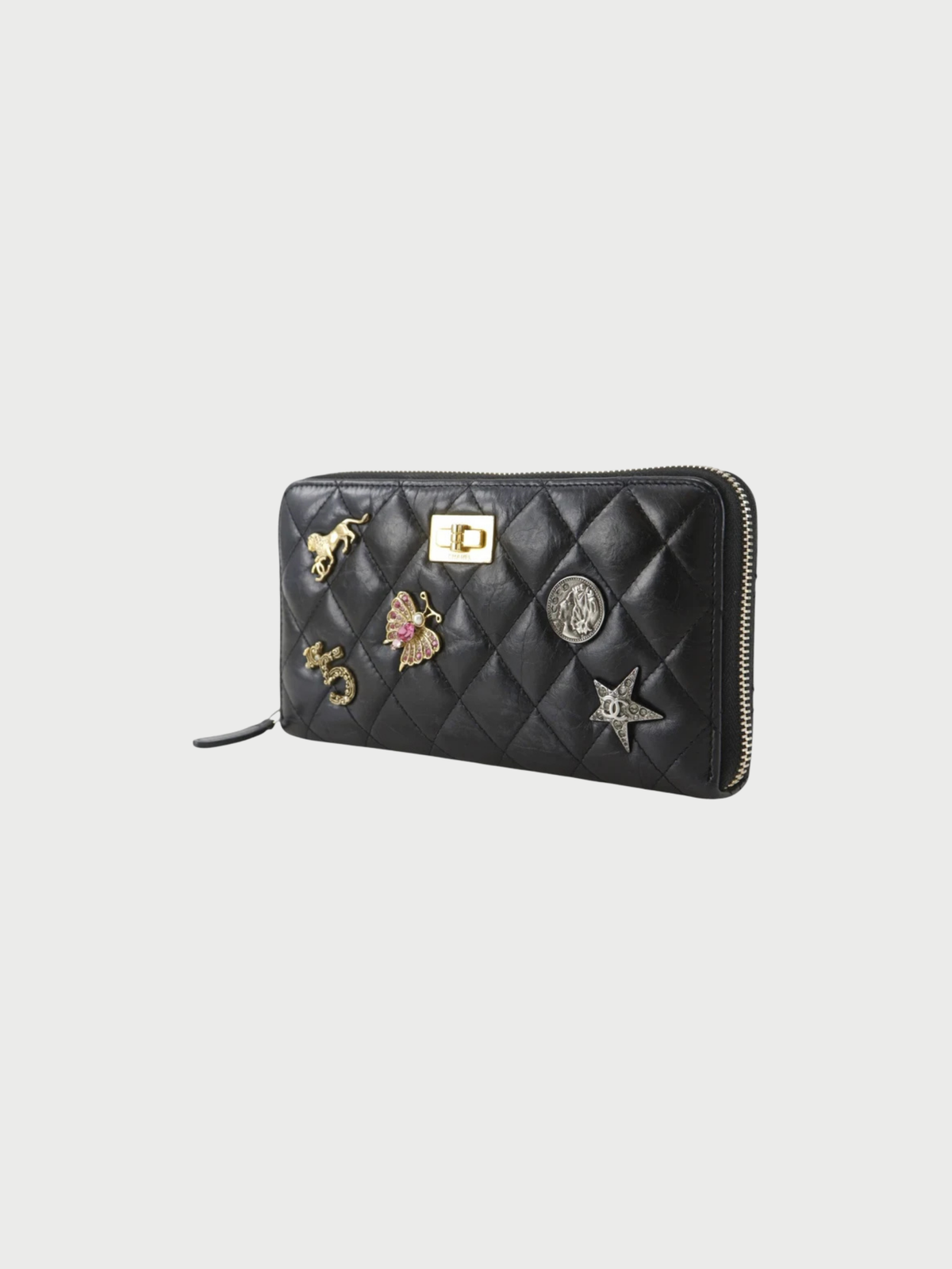 Chanel 2010s Black Leather Matelassé Lucky Charms Long Wallet