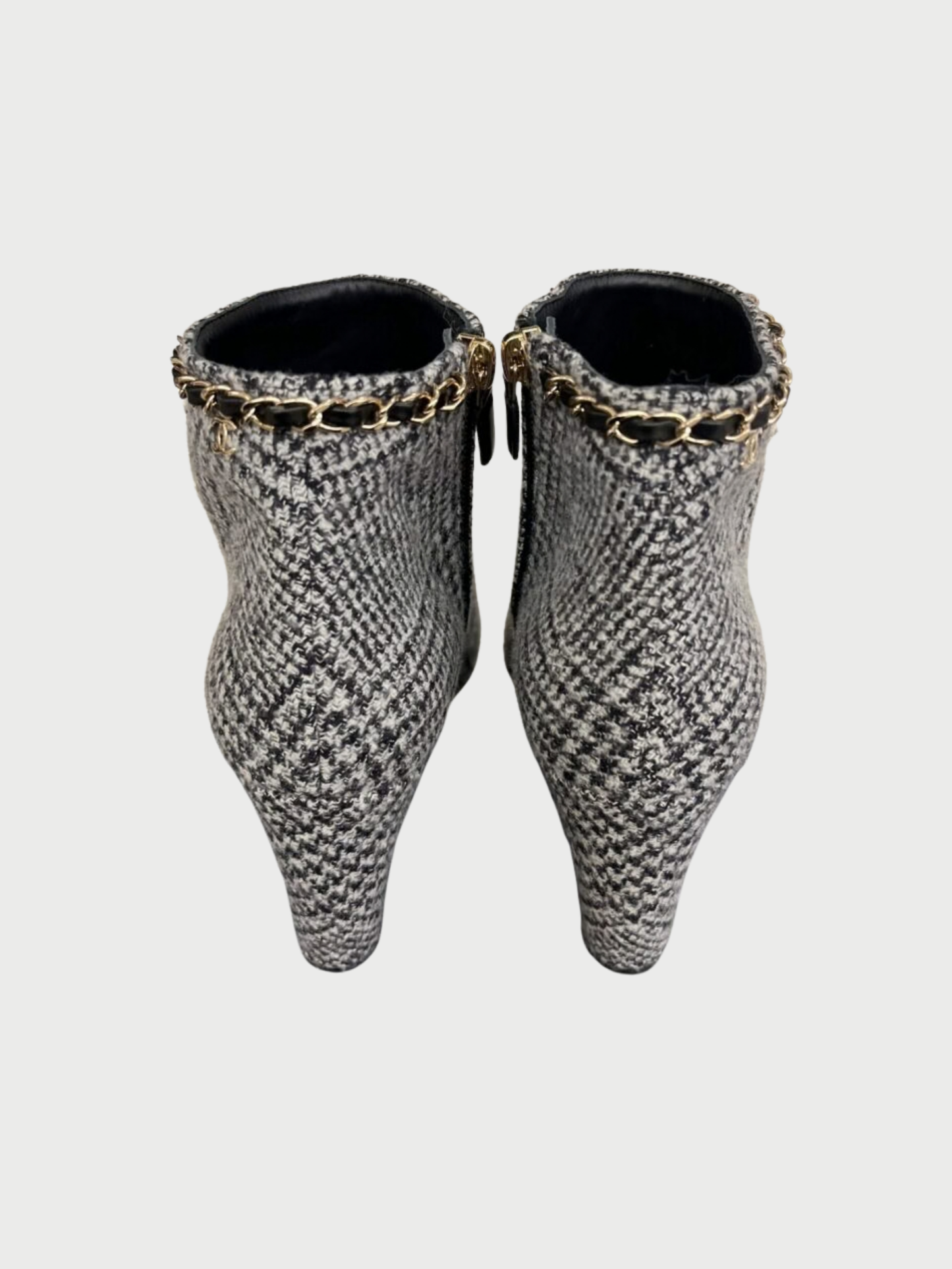 Chanel FW 2019 Black Wool Prince of Wales Check Chain Booties