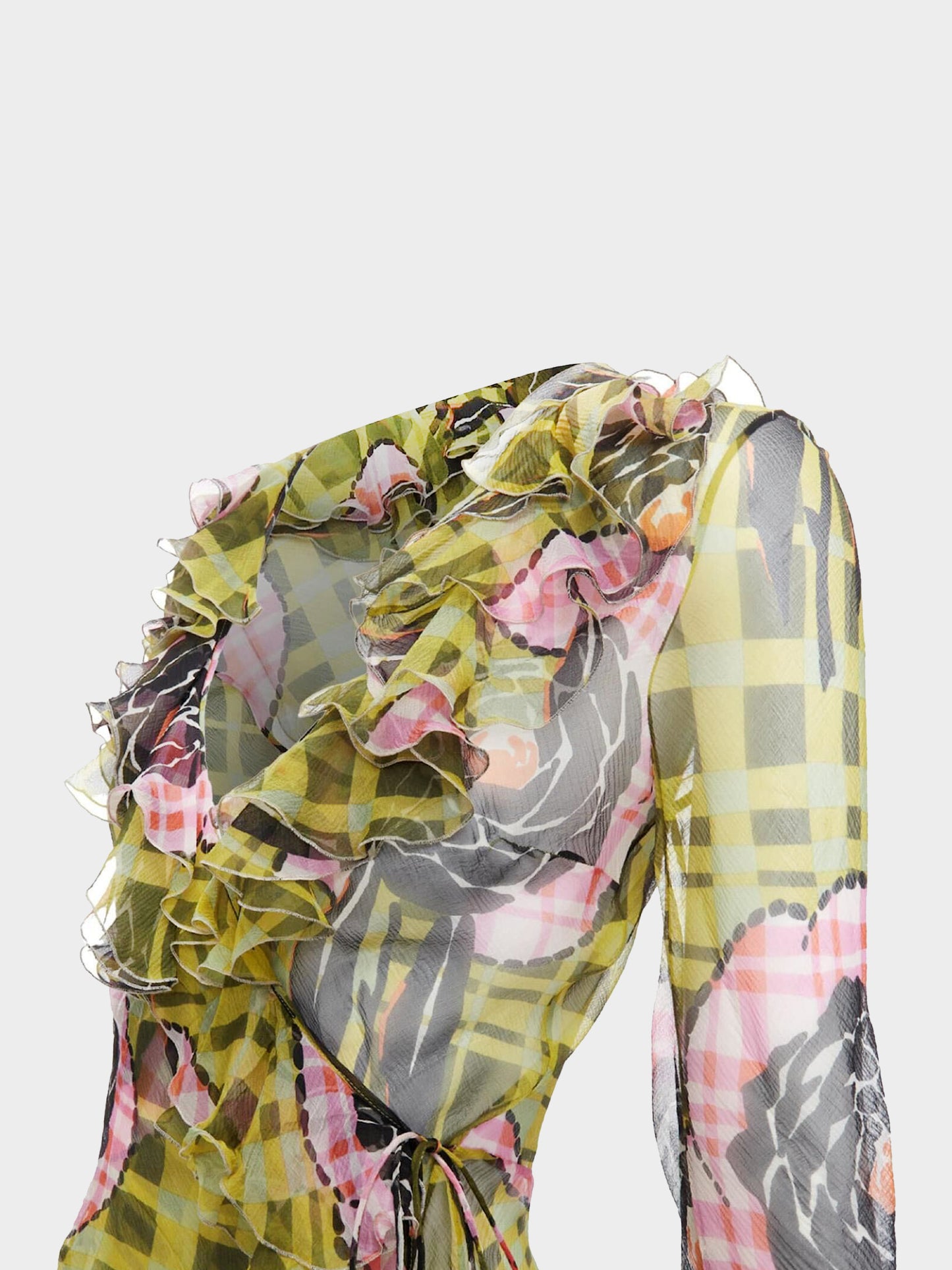 Christian Dior by John Galliano FW 2002 Green and Pink Floral and Check Print Ruffled Wrap Top