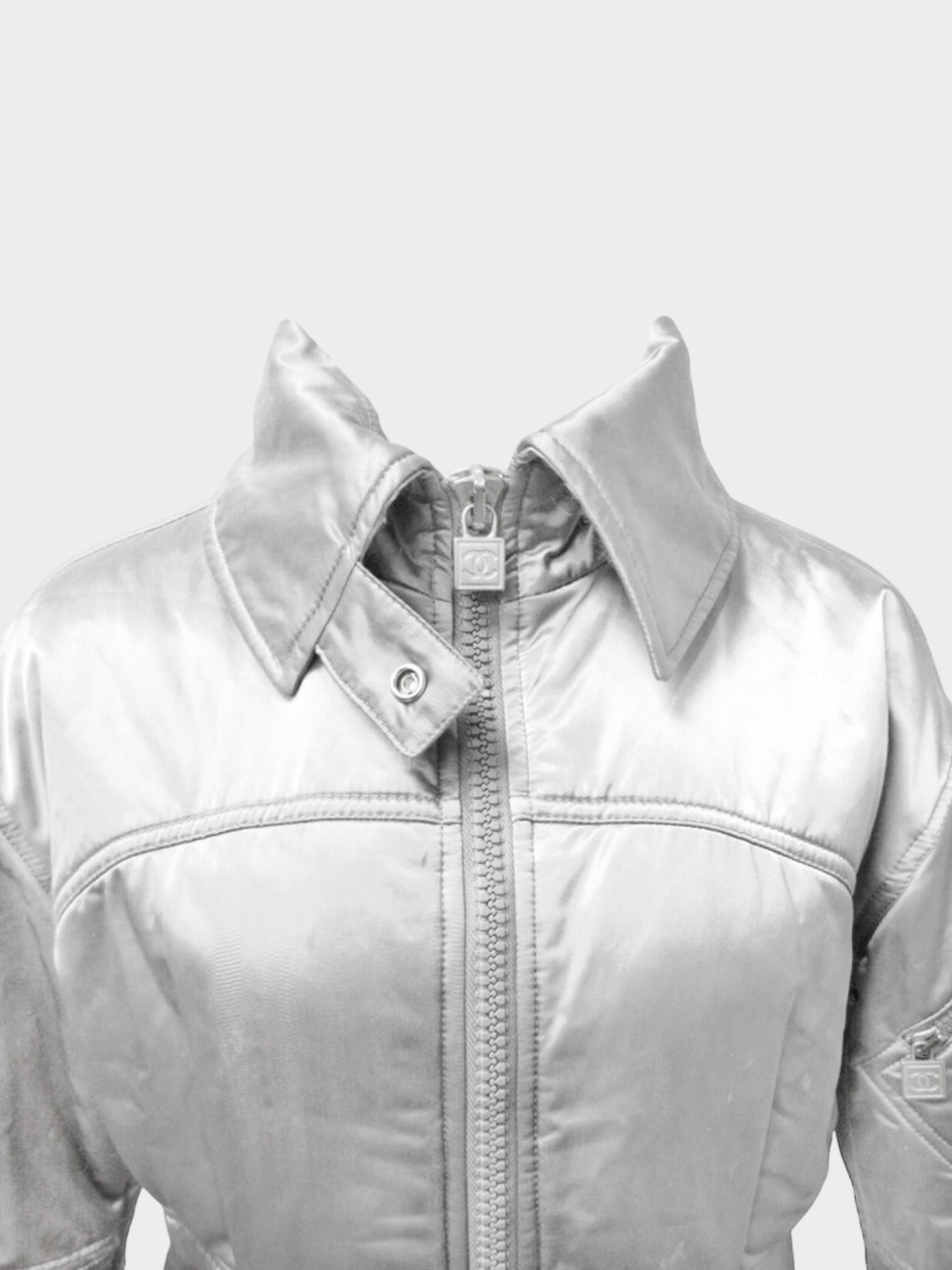 Chanel Sport Fall 2004 Vintage Metallic Silver CC Zip-up Long Coat