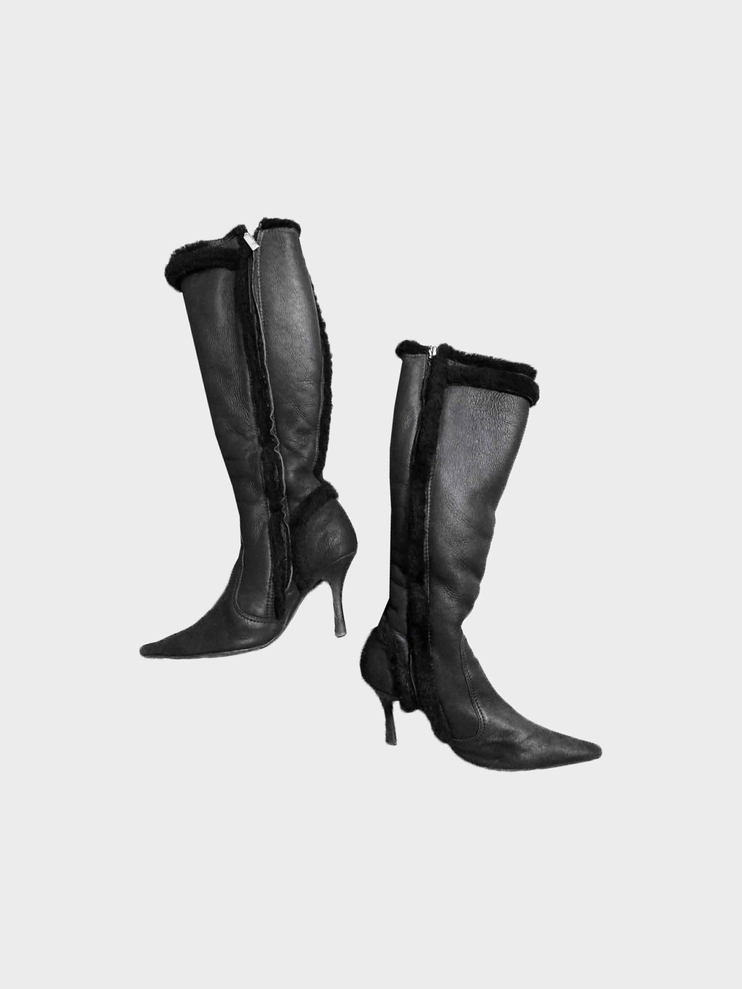 René Caovilla 2000s Black Leather and Fur Trim Long Boots
