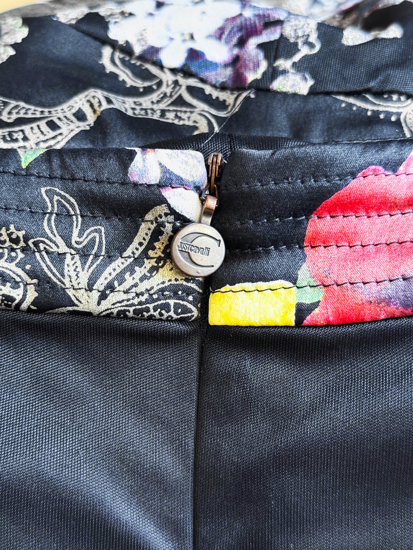 Roberto Cavalli 2000s Black and Multicolor Floral Print Dress