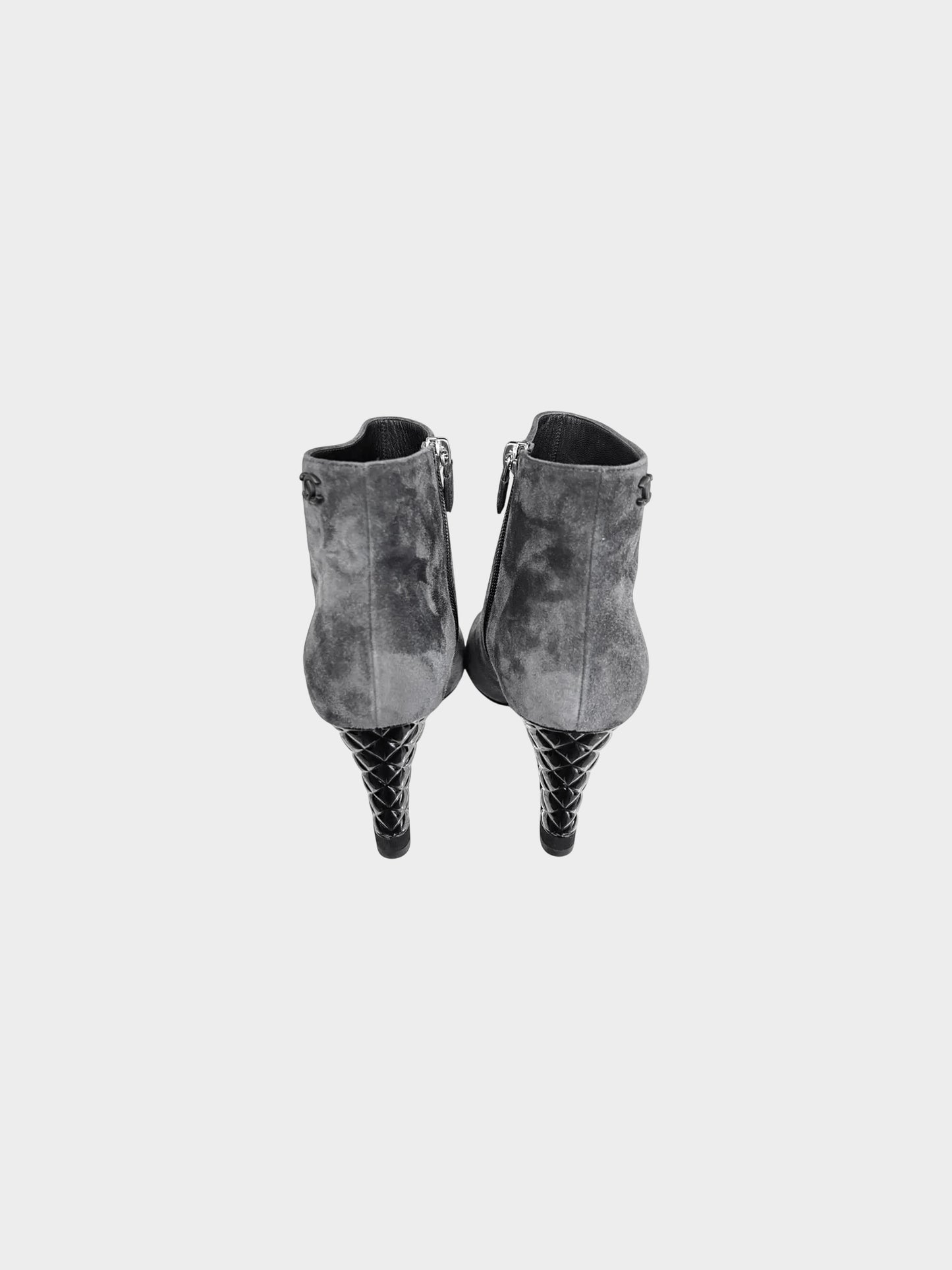 Chanel 2018 Grey Suede Peep Toe Ankle Boots