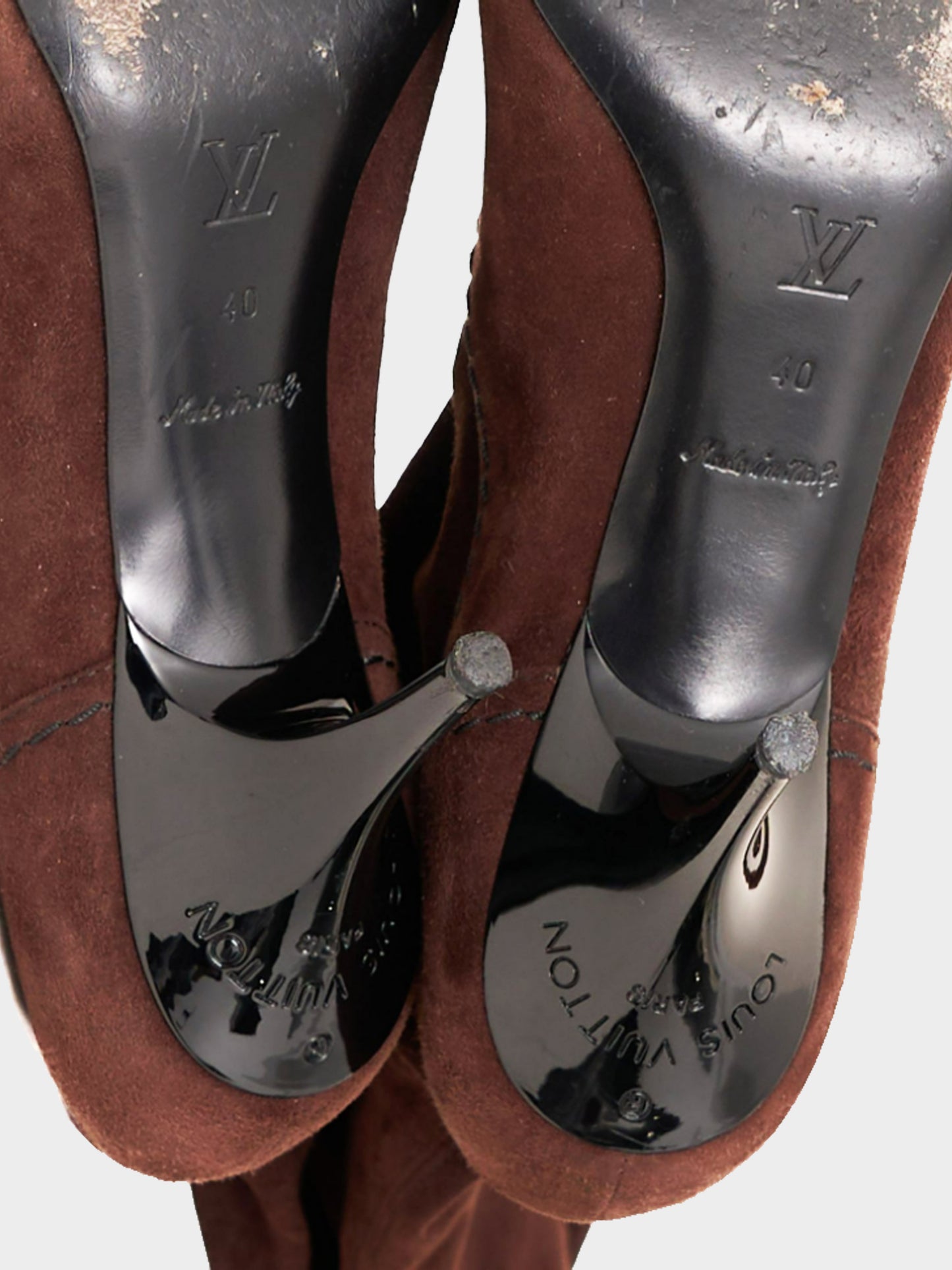 Louis Vuitton 2000s Brown Suede Long Boots with Patent Leather Bow Details