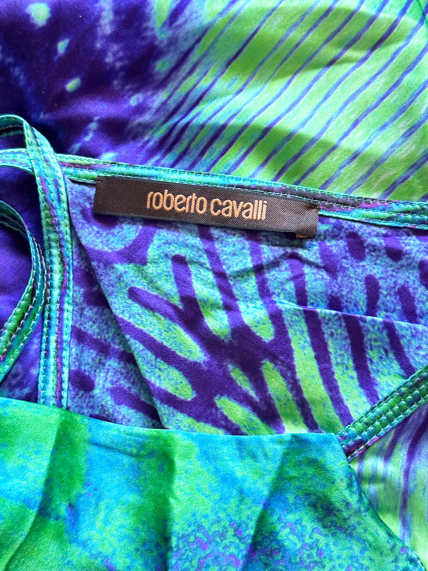 Roberto Cavalli 1990s Blue and Green Peacock Feather Print Mini Dress