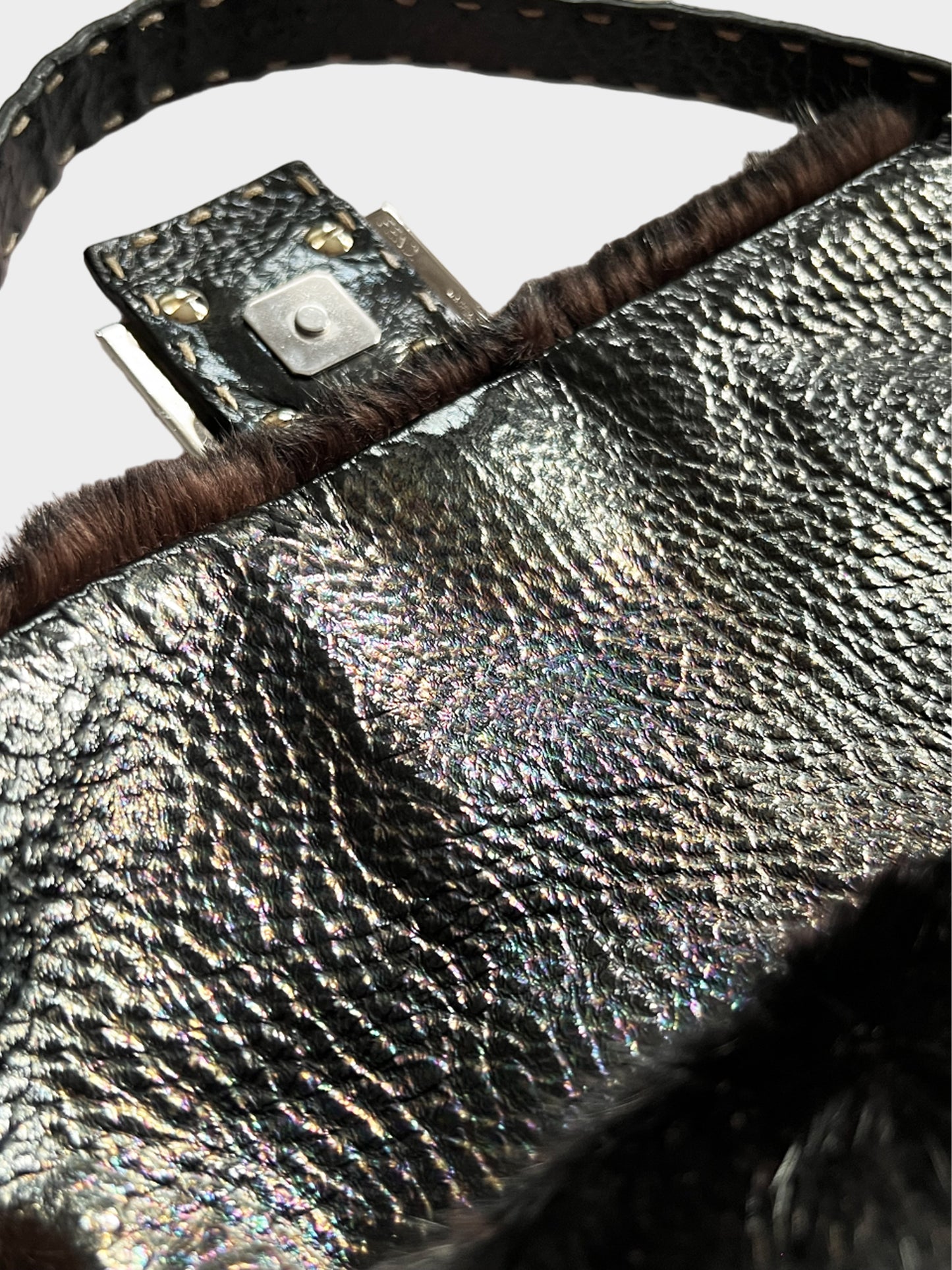 Fendi 2000s Black Mink Fur and Leather Selleria Baguette Bag