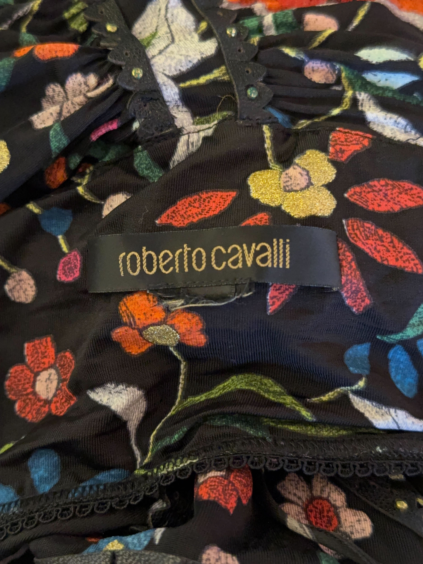 Roberto Cavalli 2000s Black Floral Print Ruched Halter Dress