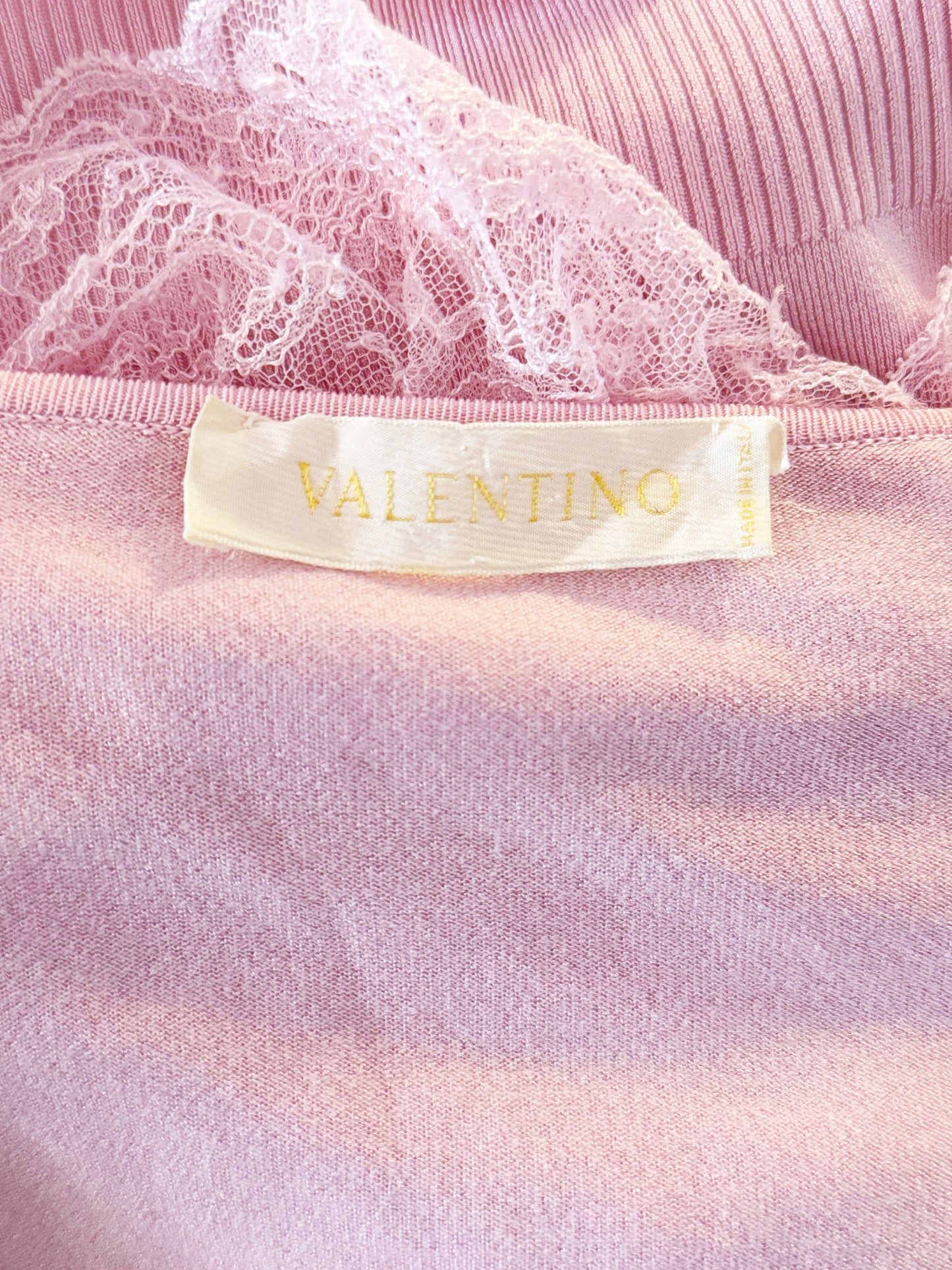 Valentino 2000s Pink Knitted Lace-up Blouse with Ruffled Lace