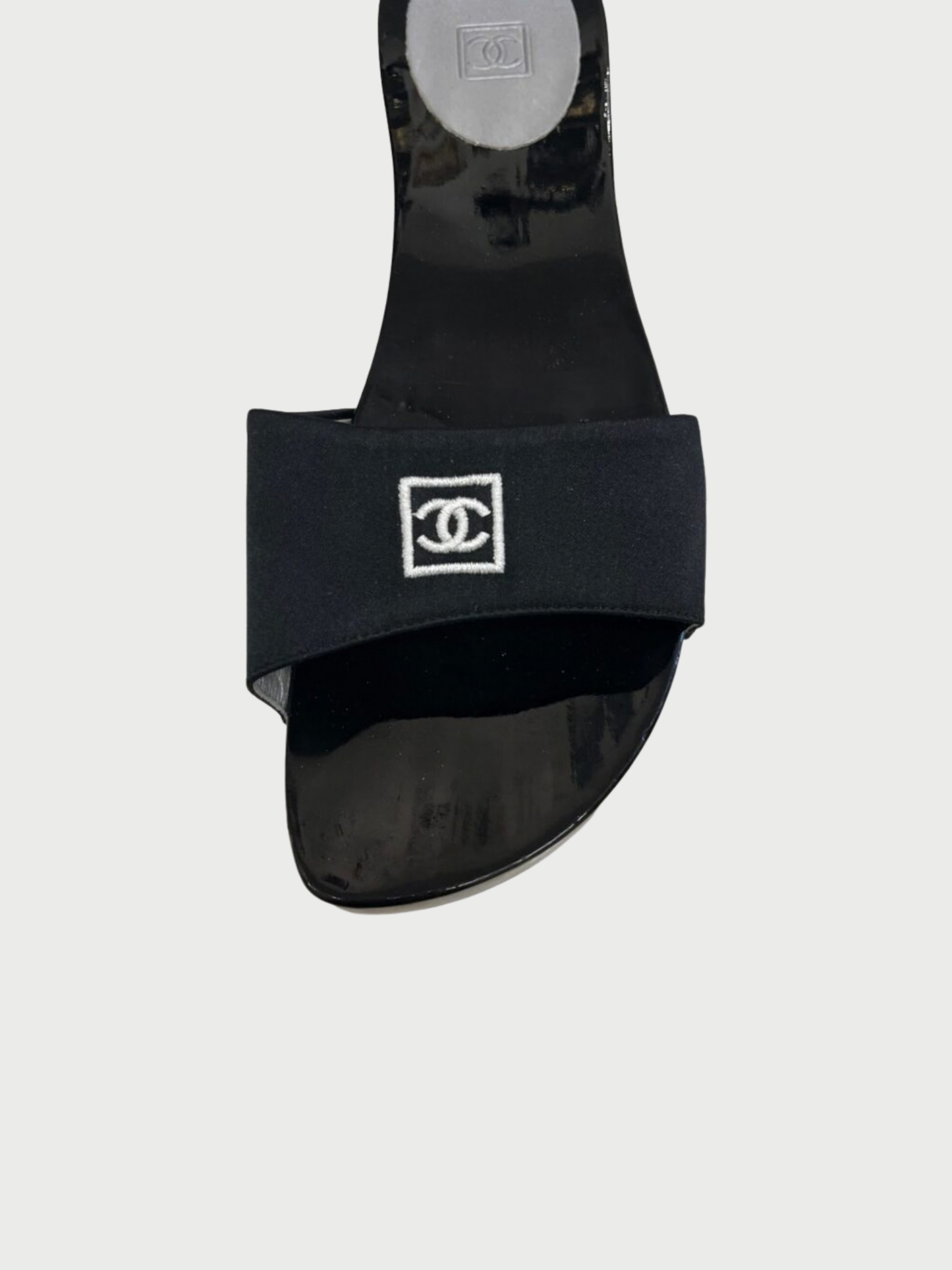 Chanel 2000s Black Lacquer Logo Strap Sandals