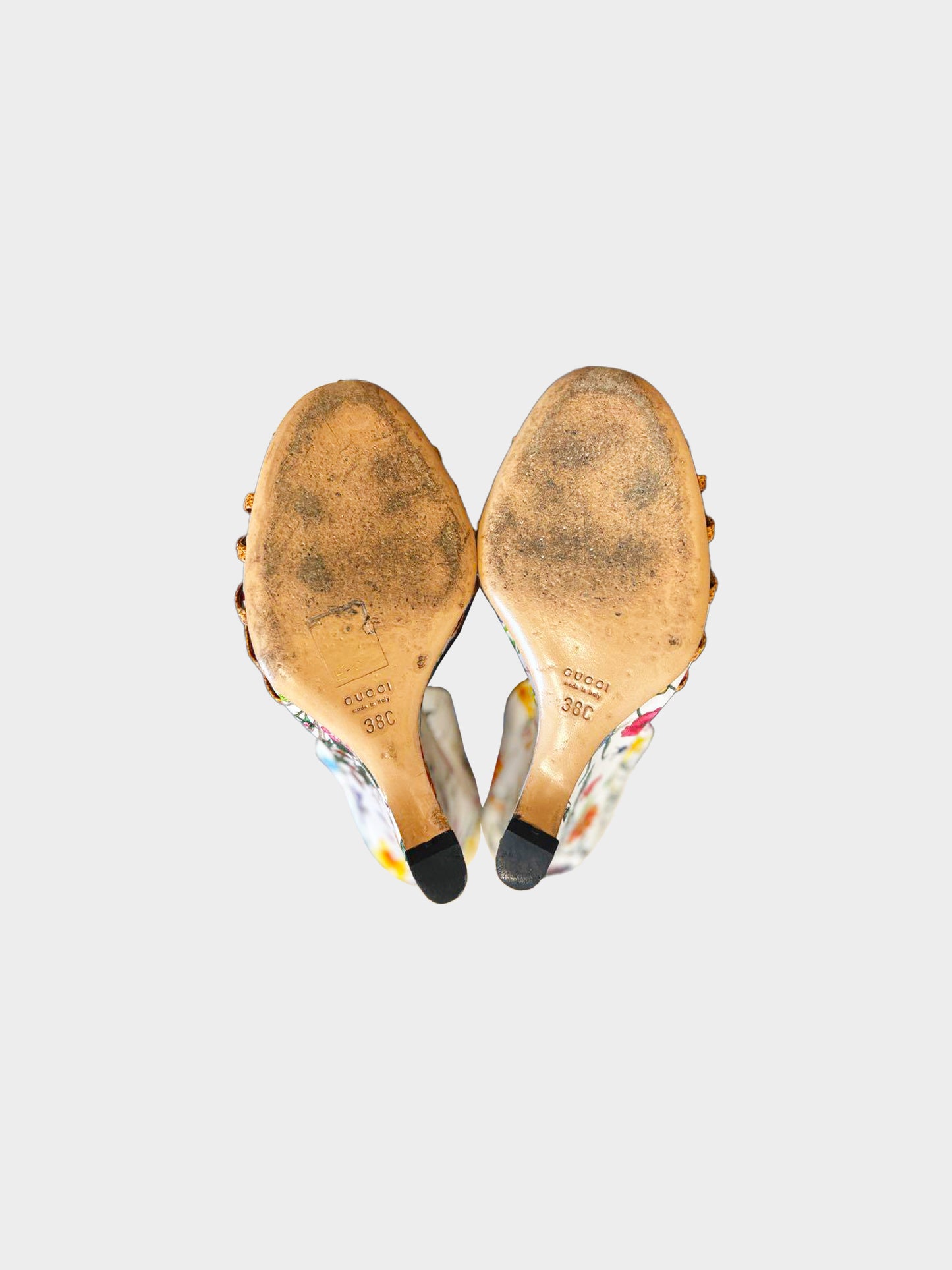 Gucci 2000s Multicolor Floral Print Satin and Brown Lizard Leather Bamboo Wedge Sandals