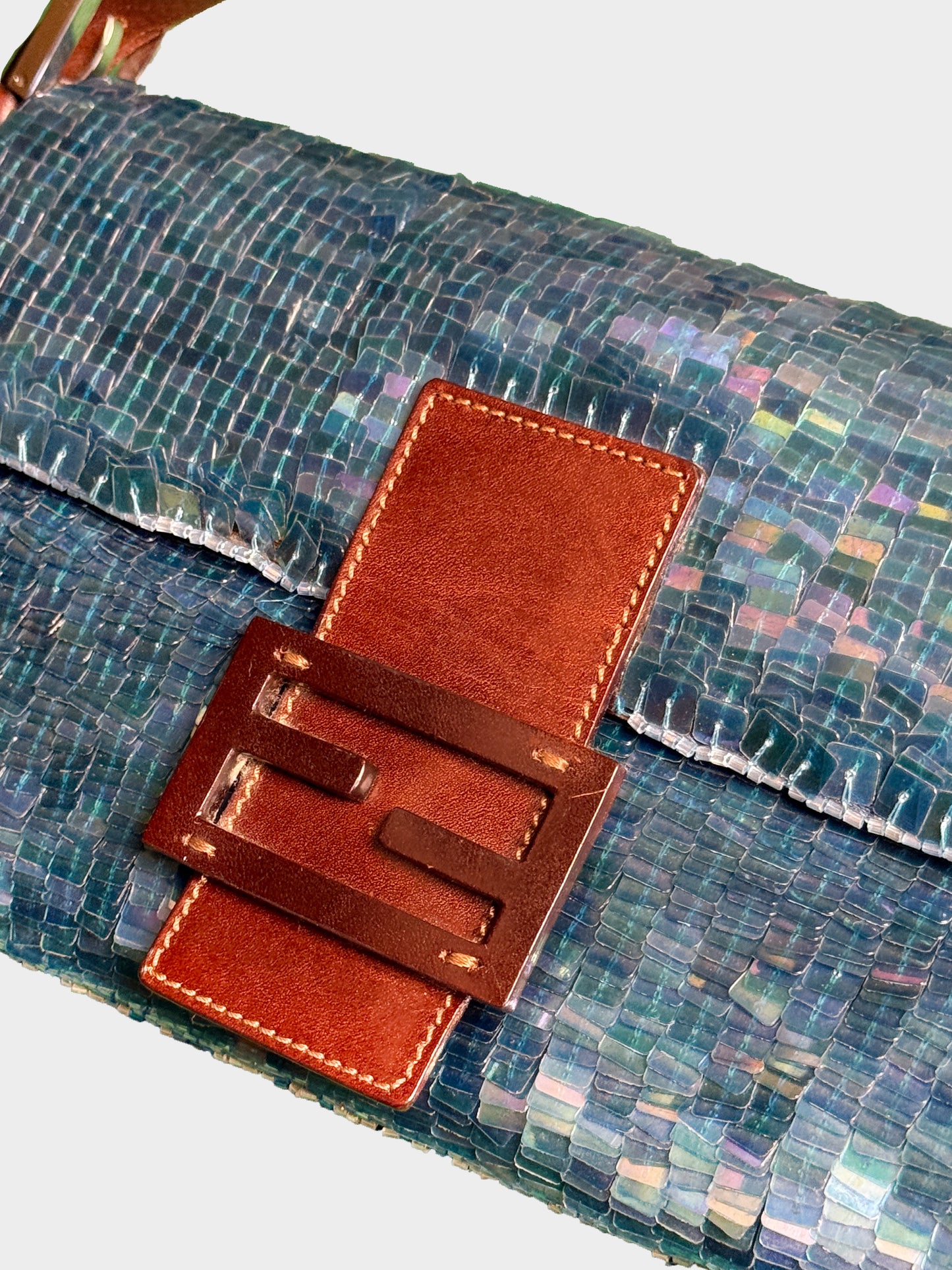 Fendi 1990s Blue Sequin and Brown Leather Baguette Bag