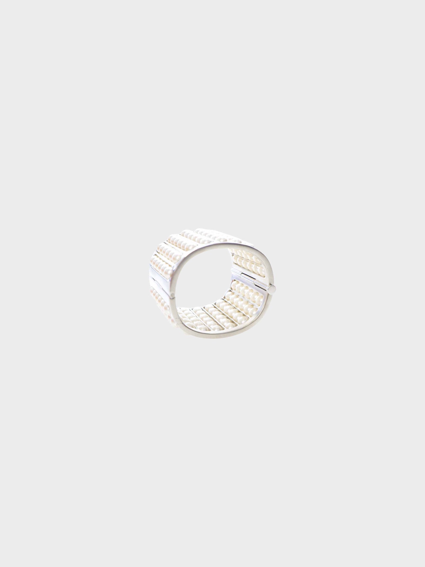 Chanel 2015 Silver Metal and Faux Pearls Wide Cuff Bracelet