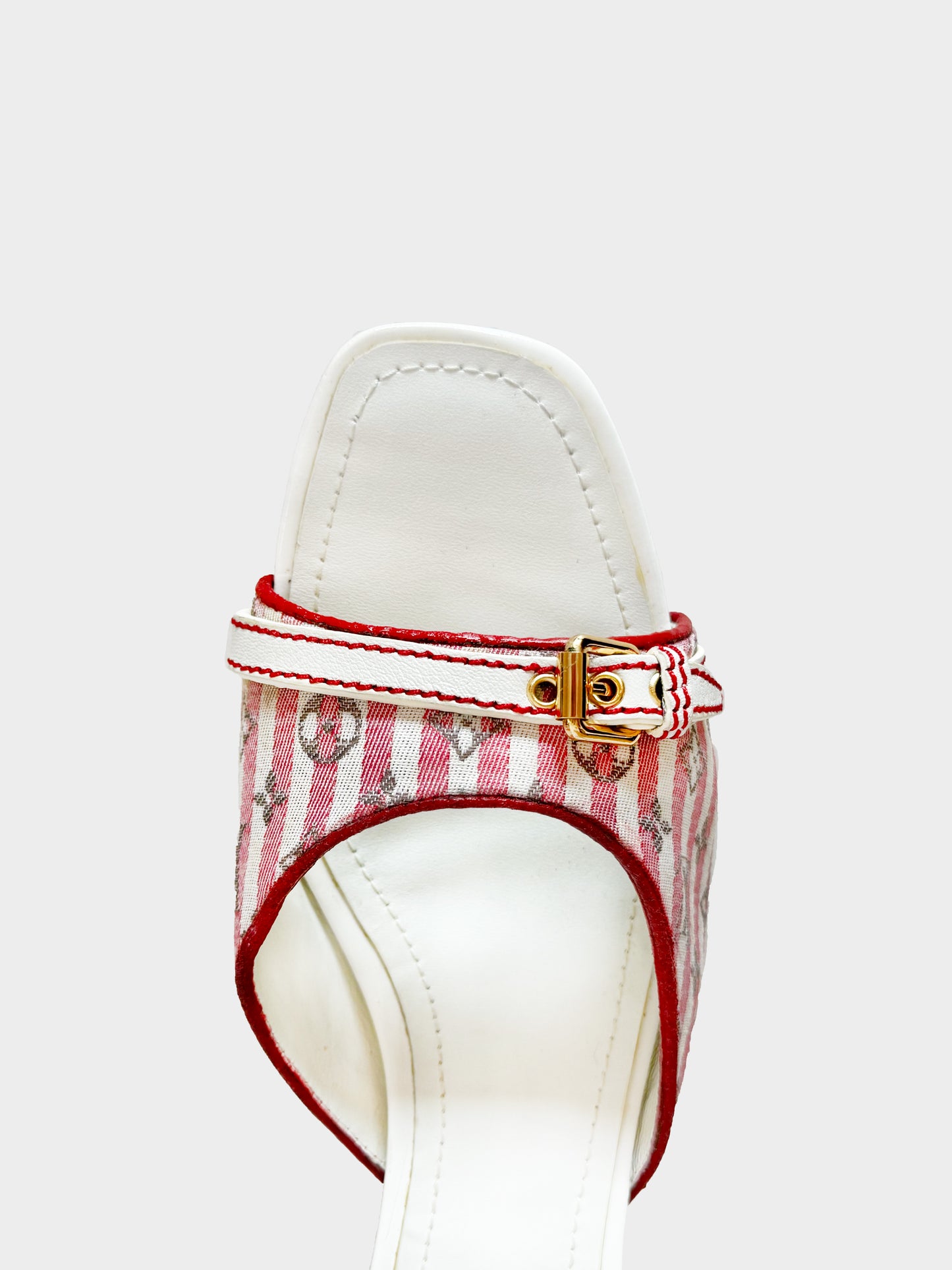 Louis Vuitton 2010s Red and White Stripe Belted Monogram Kitten Heels