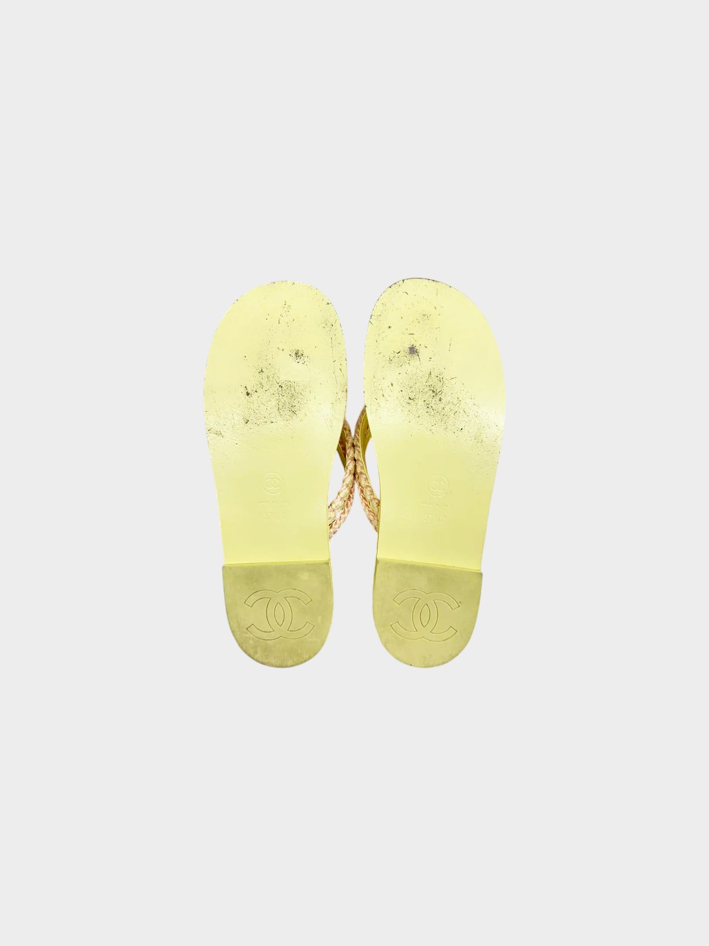 Chanel SS 2024 Yellow and Pink Raffia Thong Beach Sandals