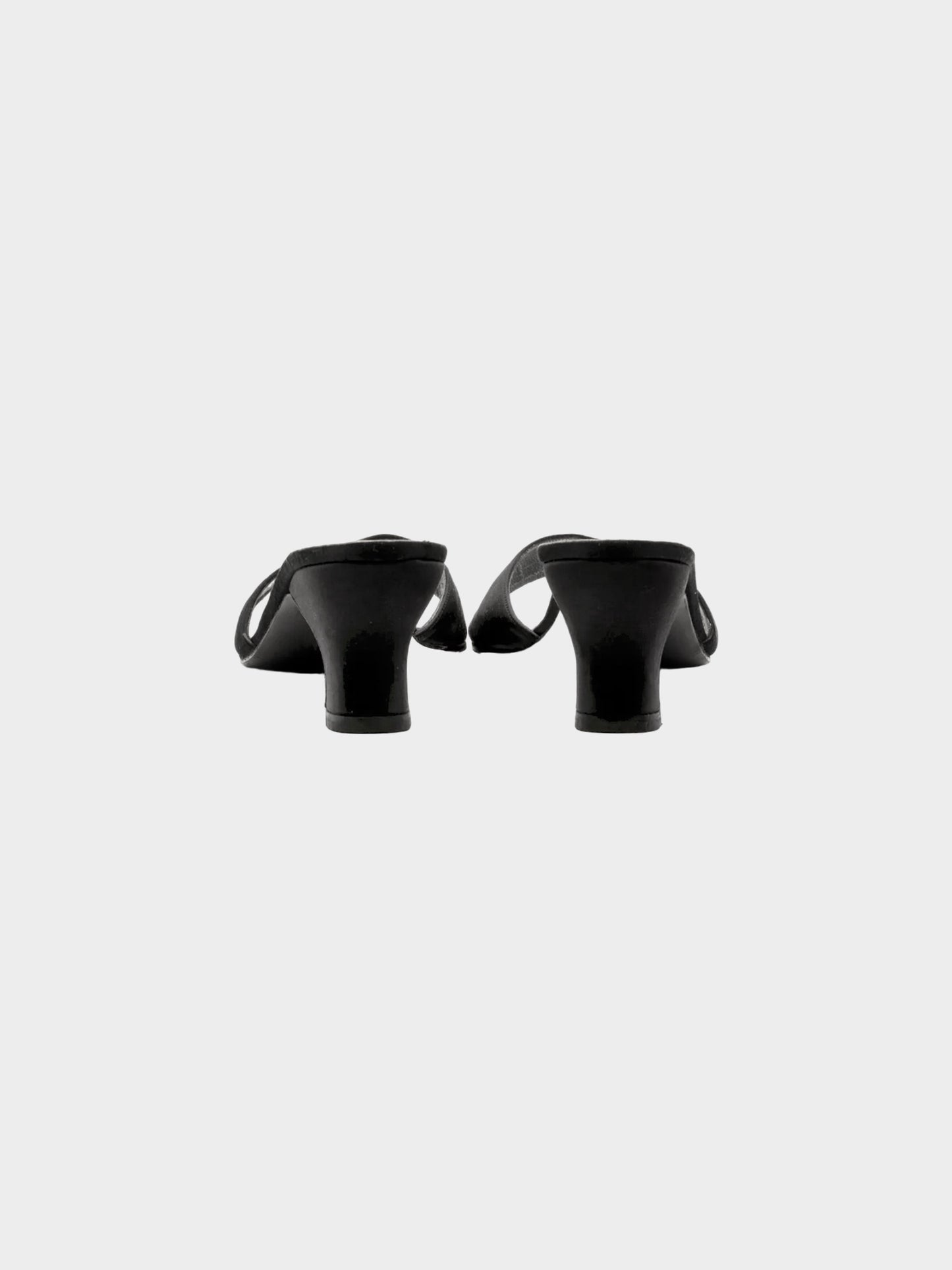 Chanel by Karl Lagerfeld 1990s Black Satin Silk CC Heeled Mules