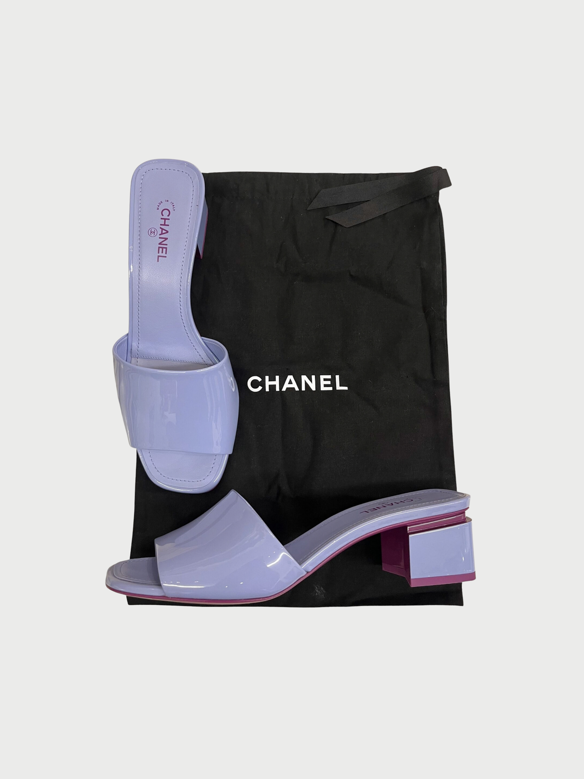Chanel 2020s Lavender Patent Leather CC Logo Heel Mules