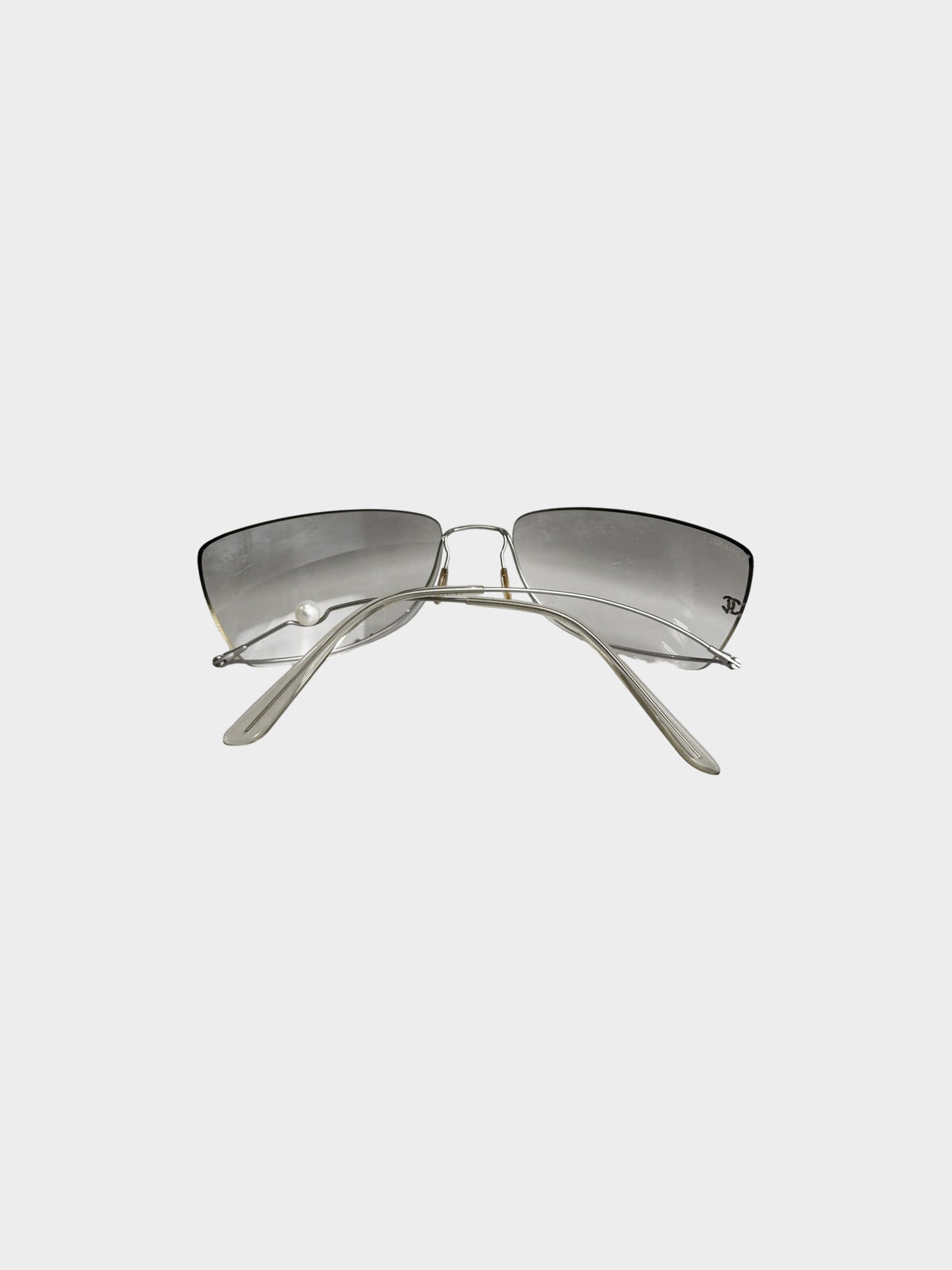 Chanel 2010s Rare Silver Rimless Lower Frame Sunglasses with Faux Pearl
