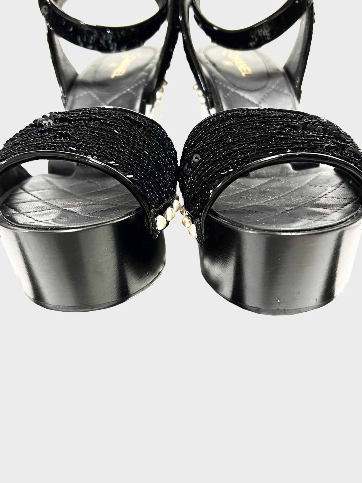 Chanel Cruise 2016 Black Patent Leather and Sequins Lotus Wedge Sandals