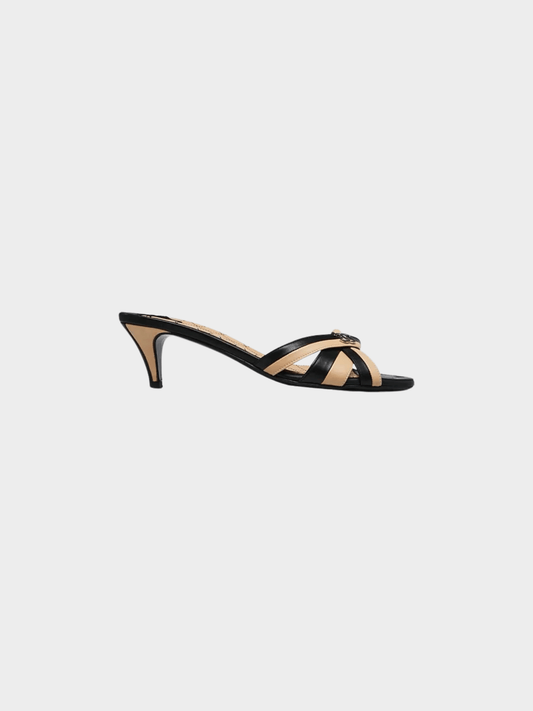Chanel 2000s Black and Beige Leather Open Toe CC Kitten Heel Sandals