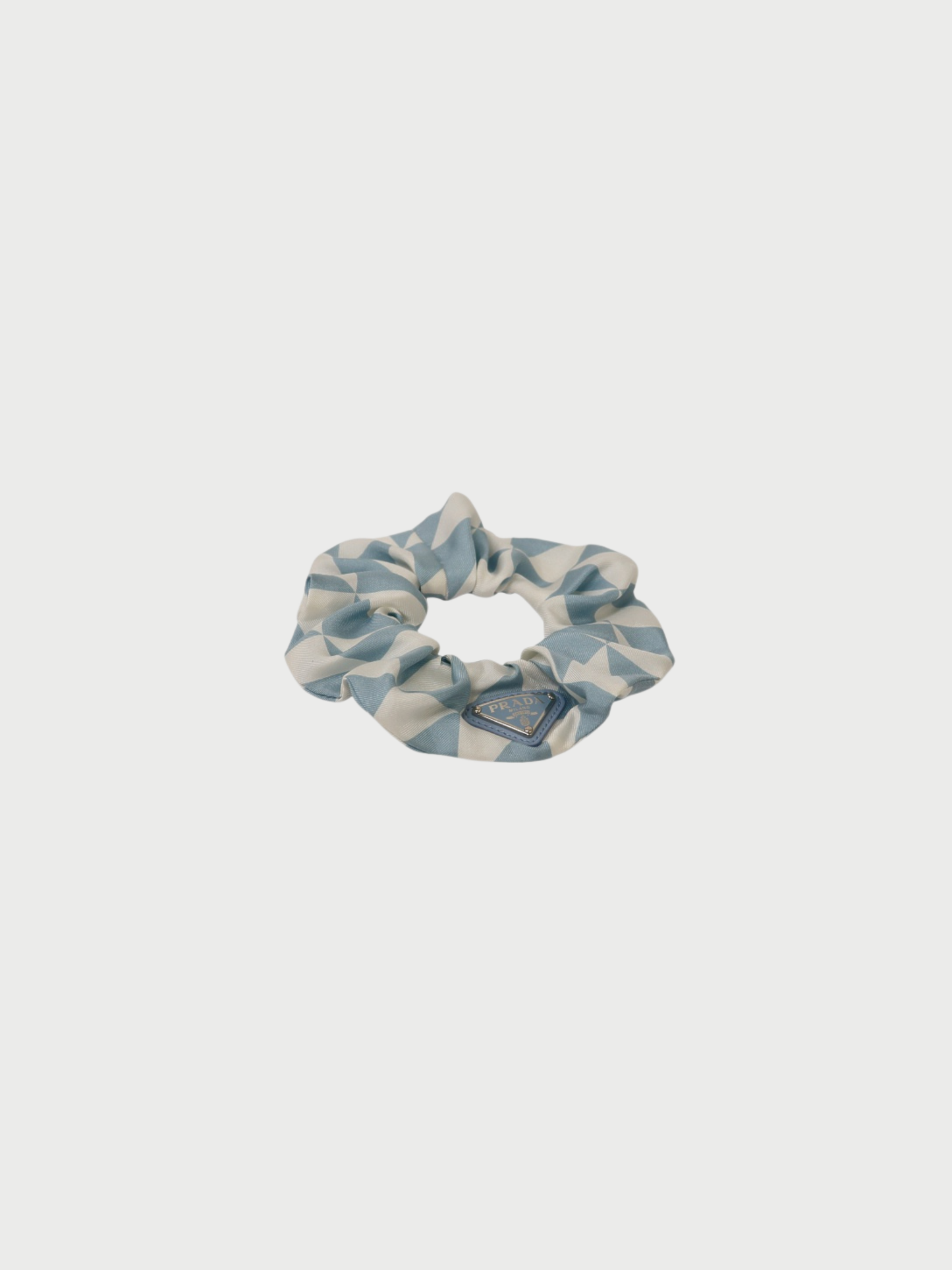 Prada 2020s Light Blue White Silk Triangle Logo Scrunchie