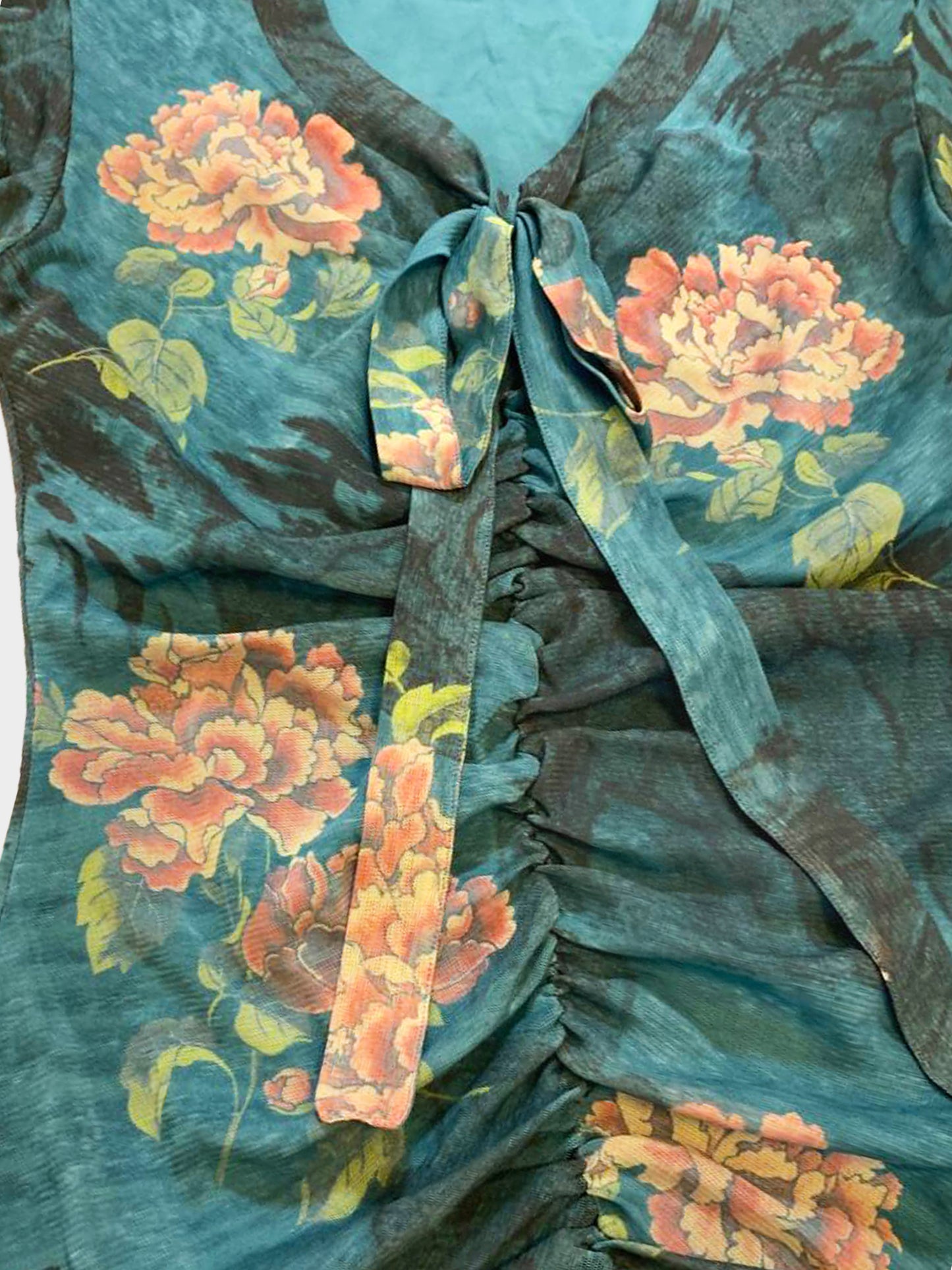 Vivienne Tam 1990s Archival Cut and Sew Floral Print Mesh Top