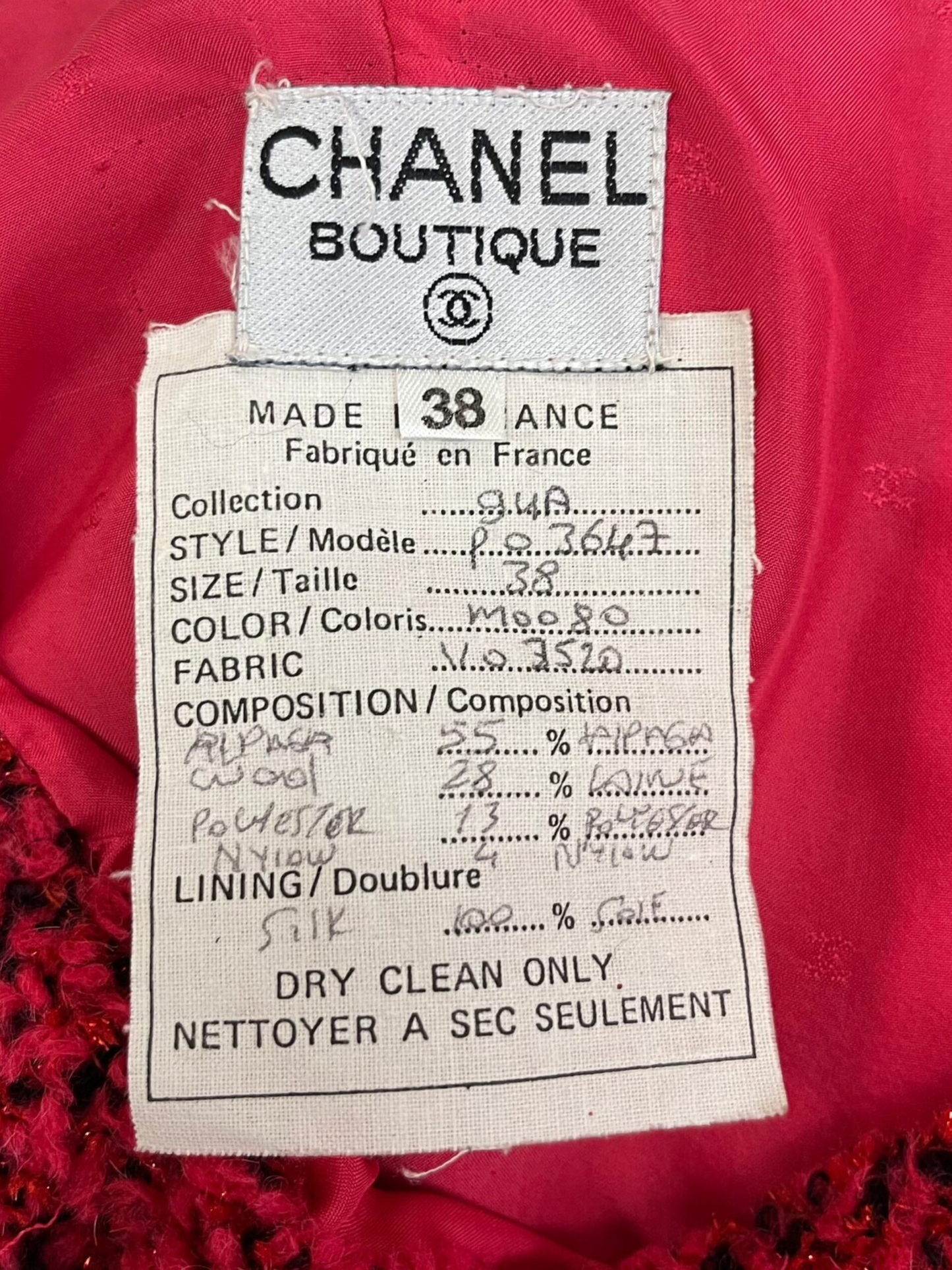 Chanel FW 1994 Raspberry Black Tweed Fur Trim Skirt Suit