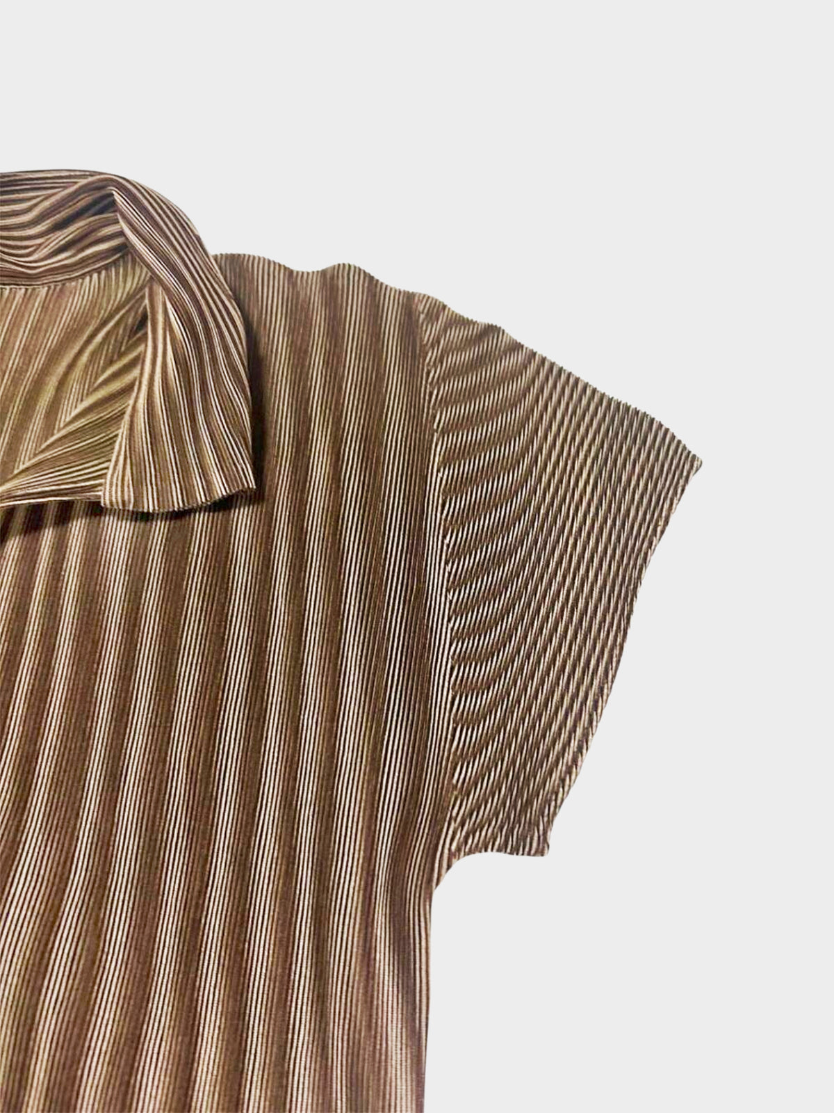 Issey Miyake Pleats Please SS 2000 Brown Striped Short Sleeve Collared Top