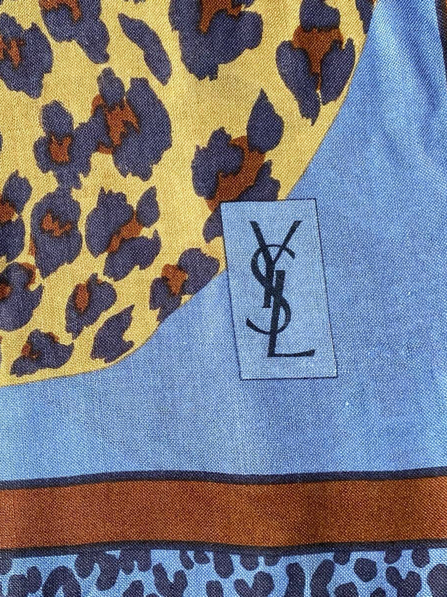 Yves Saint Laurent 1980s Rare Blue and Brown Leopard Print Silk Scarf