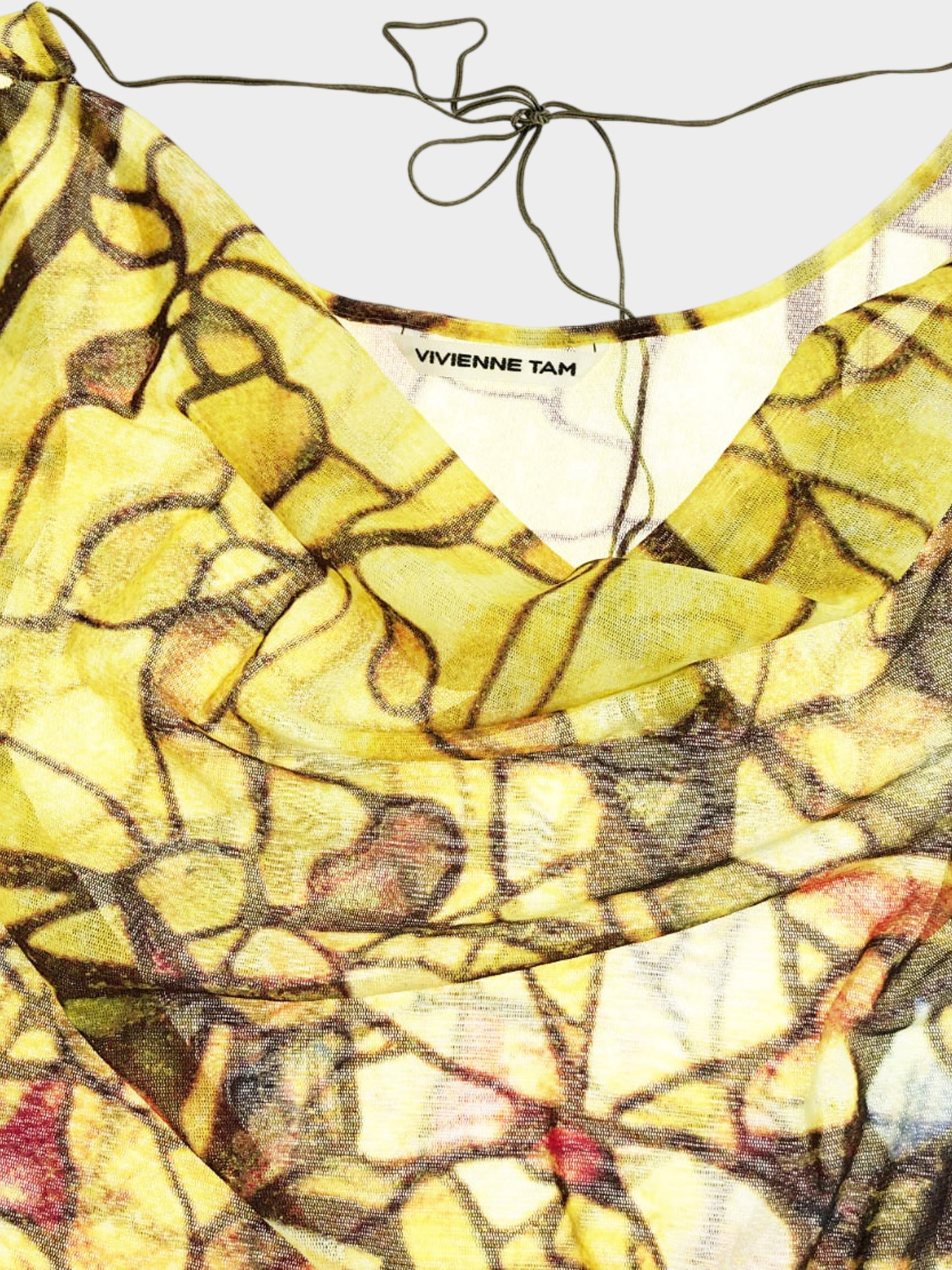Vivienne Tam 1990s Yellow Abstract Floral Print Mesh Top and Skirt Set