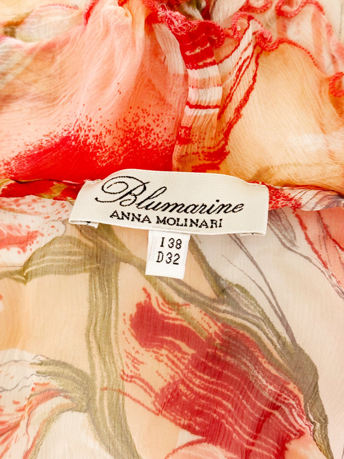 Blumarine 1990s Pink and Red Floral Ruffled Silk Top and Skirt Set