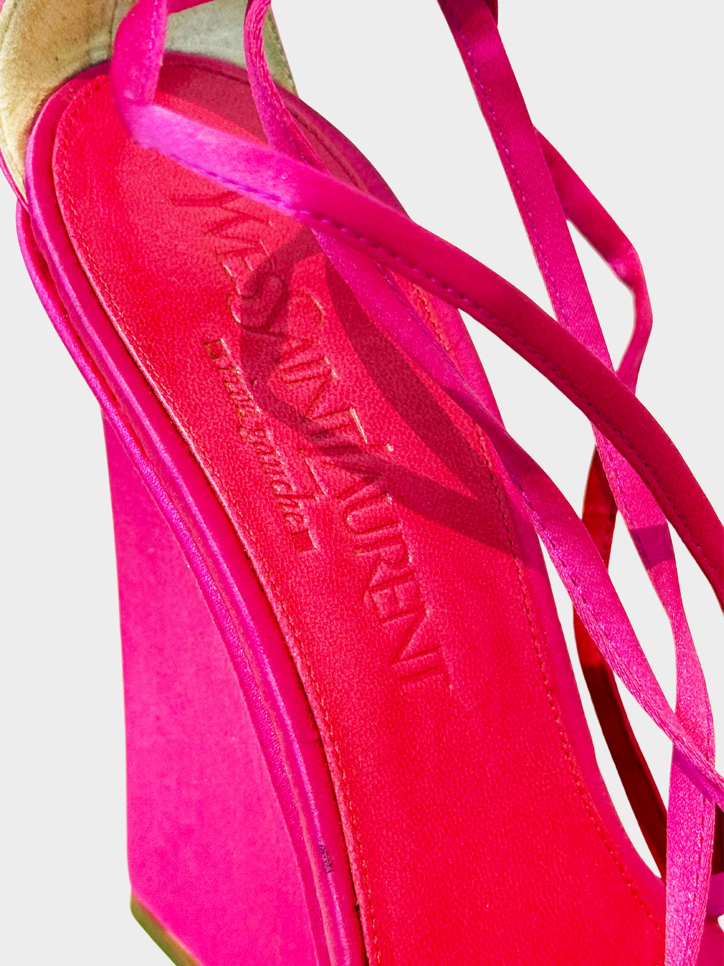 Yves Saint Laurent by Tom Ford Early 2000s Rive Gauche Pink Satin Strappy Wedge Heels