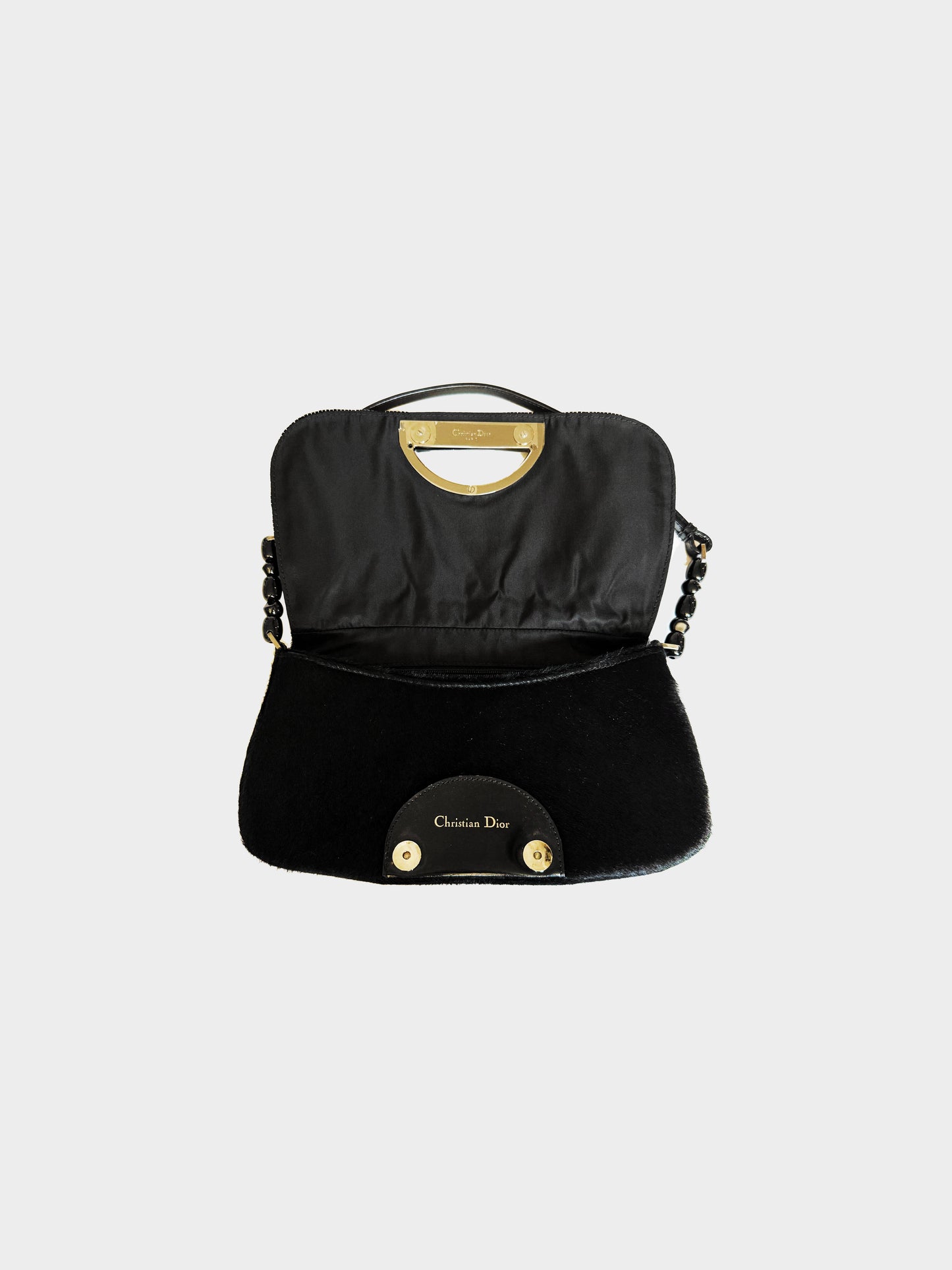 Christian Dior 1999 Black and Silver Beaded Calf Hair Maris Pearl Shoulder Bag